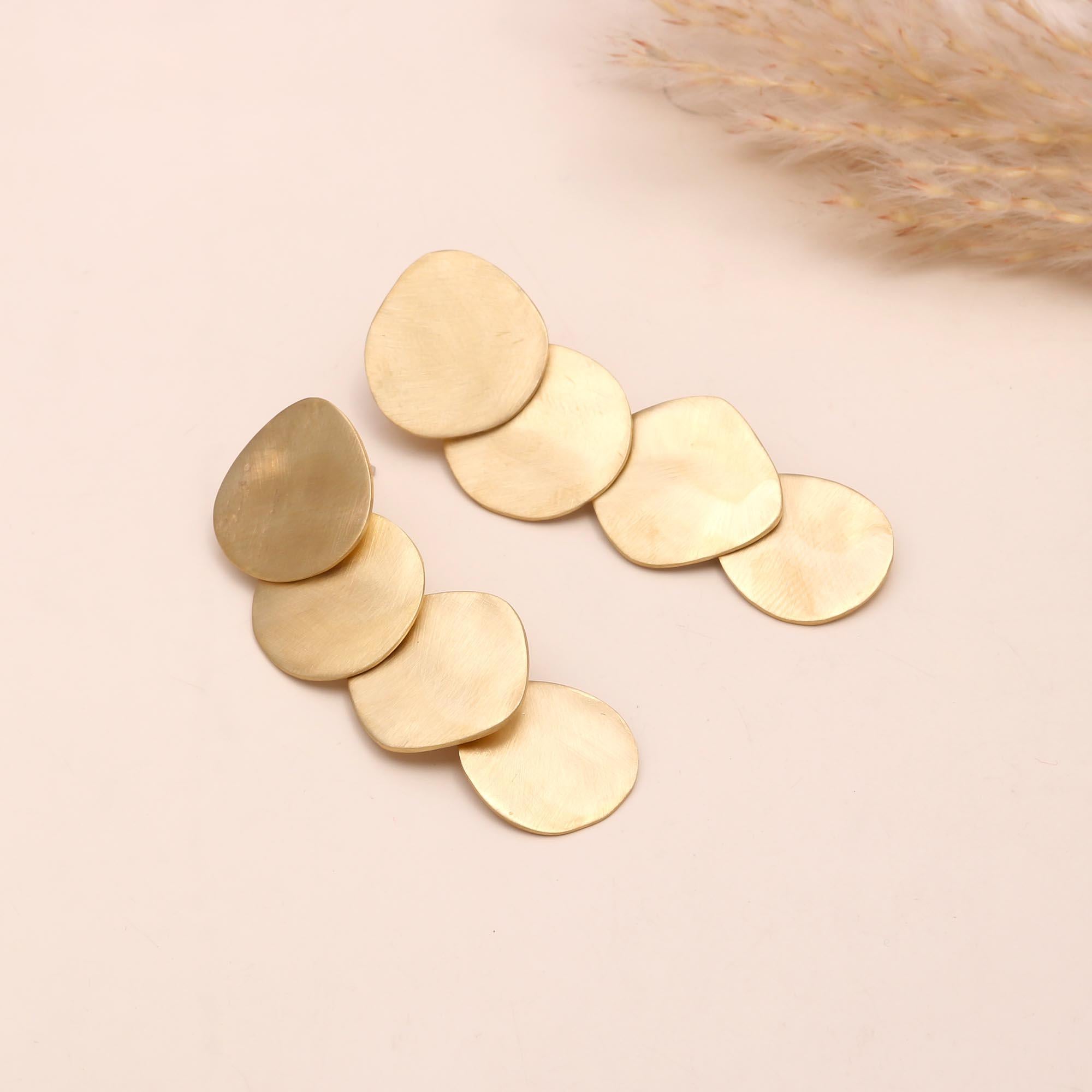 The Golden Cascade: Brushed Gold Organic Disc Drop Earrings