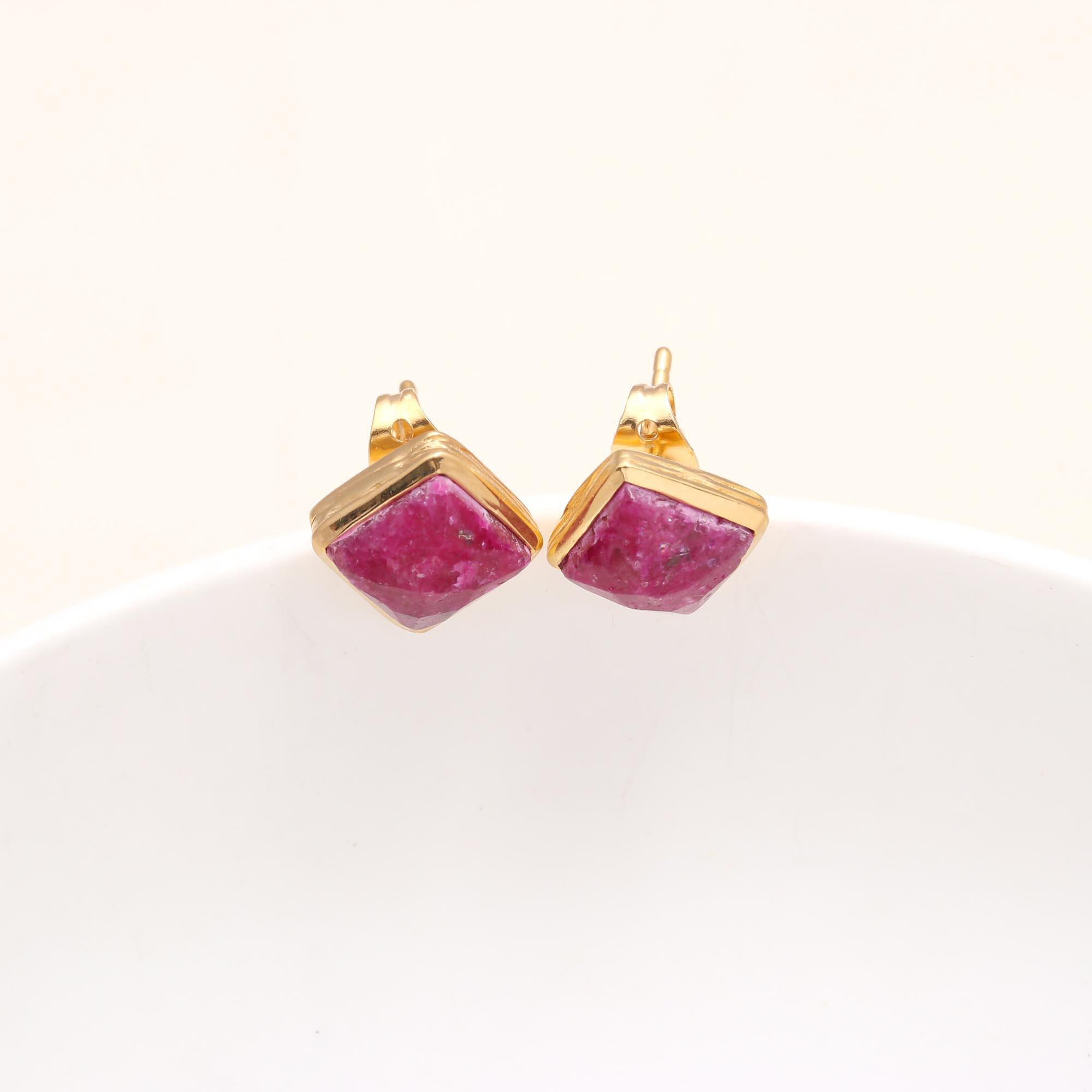The Raw Ruby: Geometric Square Stud Earrings