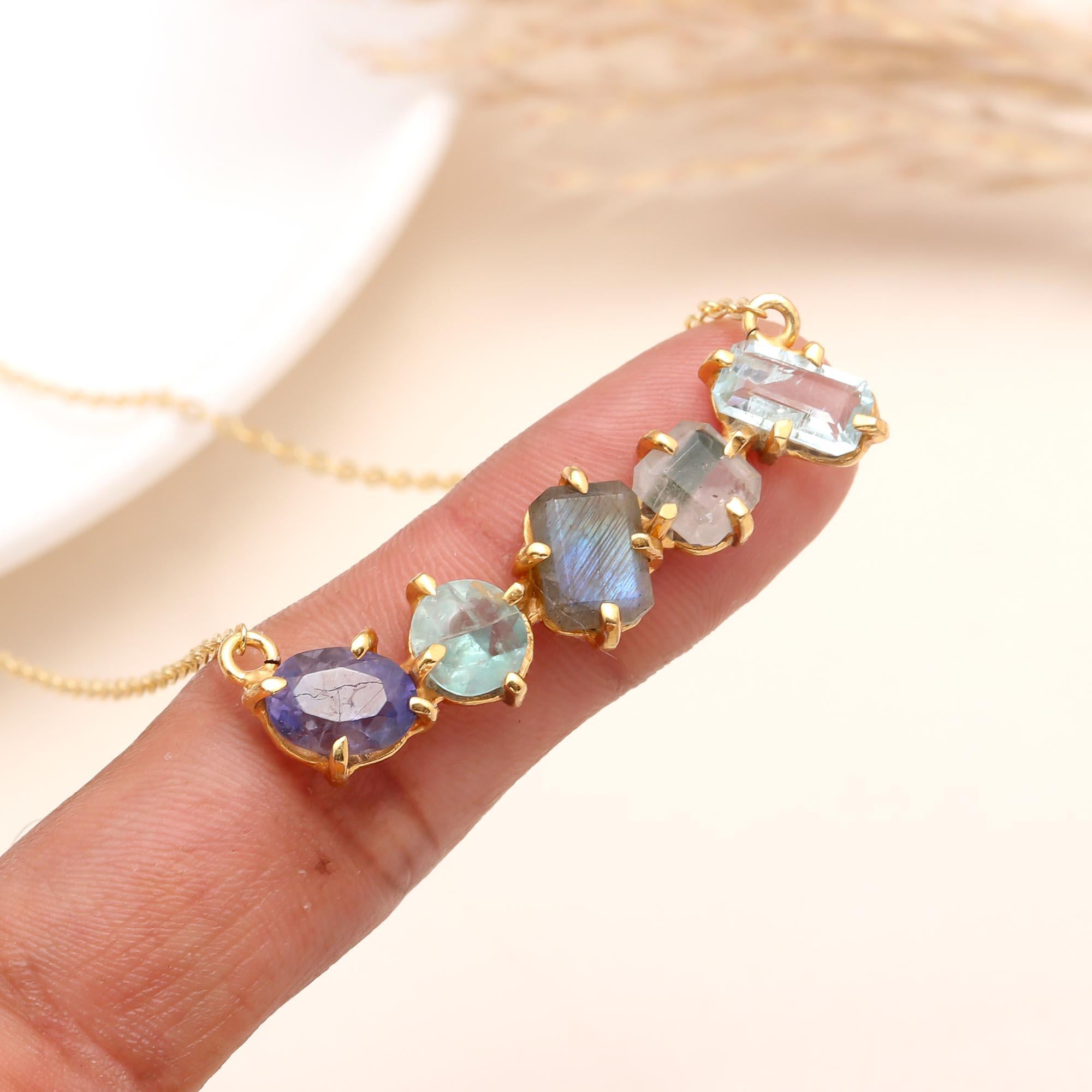 The Prism Arc: Multi-Gemstone Curved Bar Necklace
