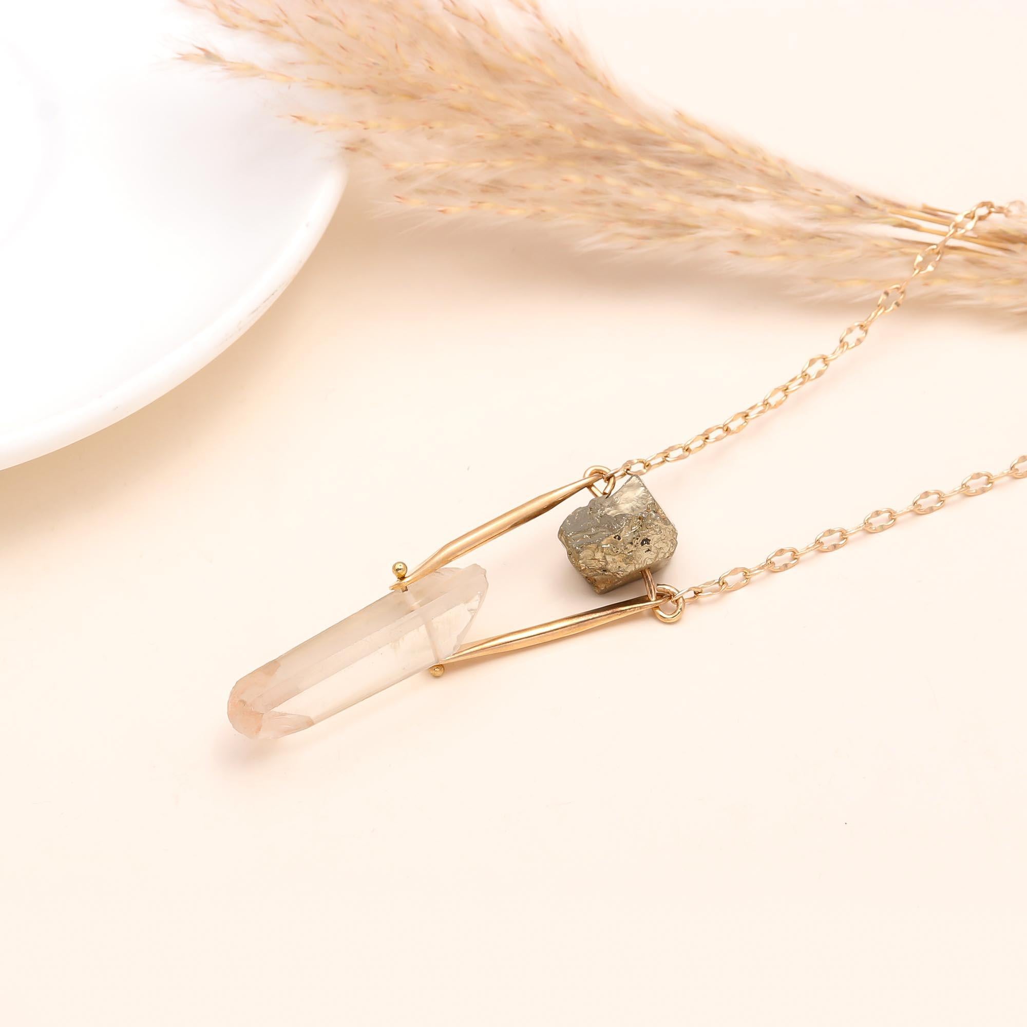 The Raw Balance: Pyrite & Quartz Geometric Pendant