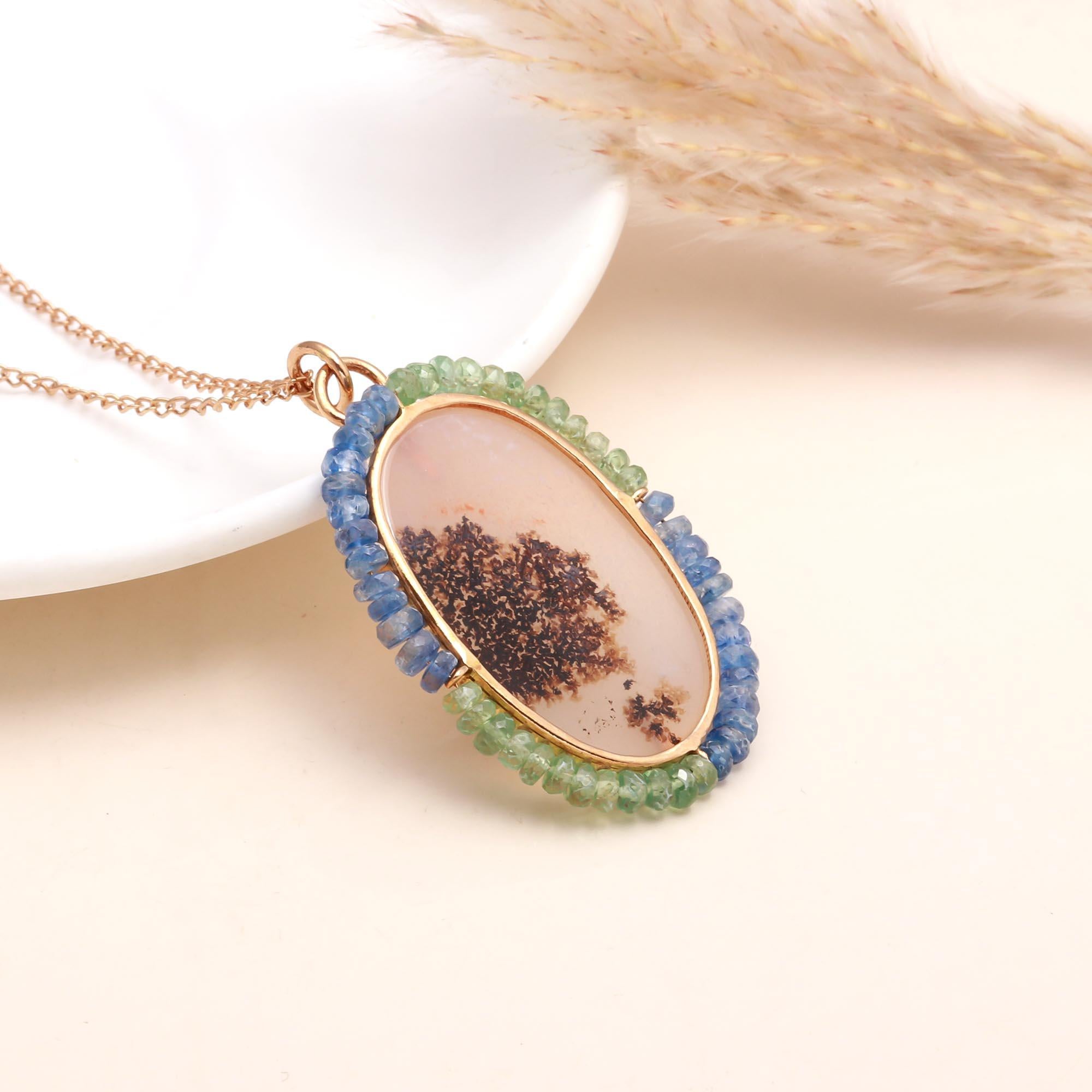 Dendritic Agate Pendant Necklace with Kyanite and Green Garnet