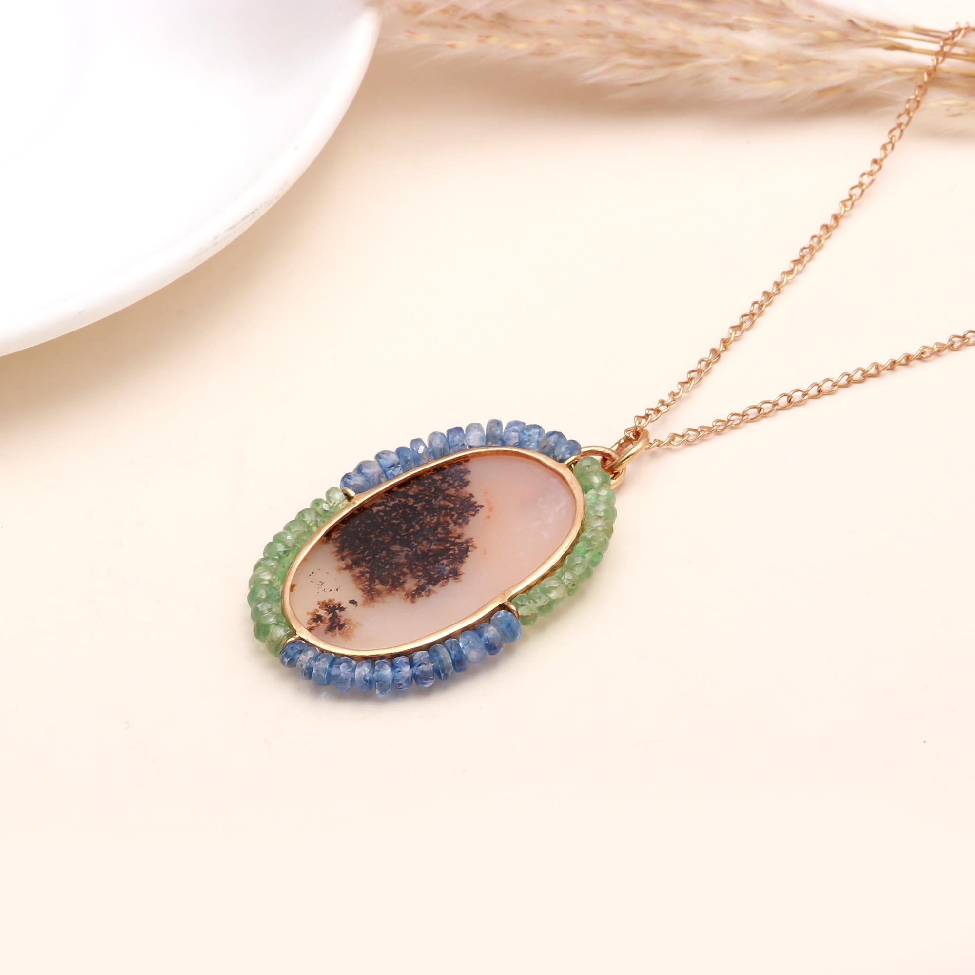 Dendritic Agate Pendant Necklace with Kyanite and Green Garnet