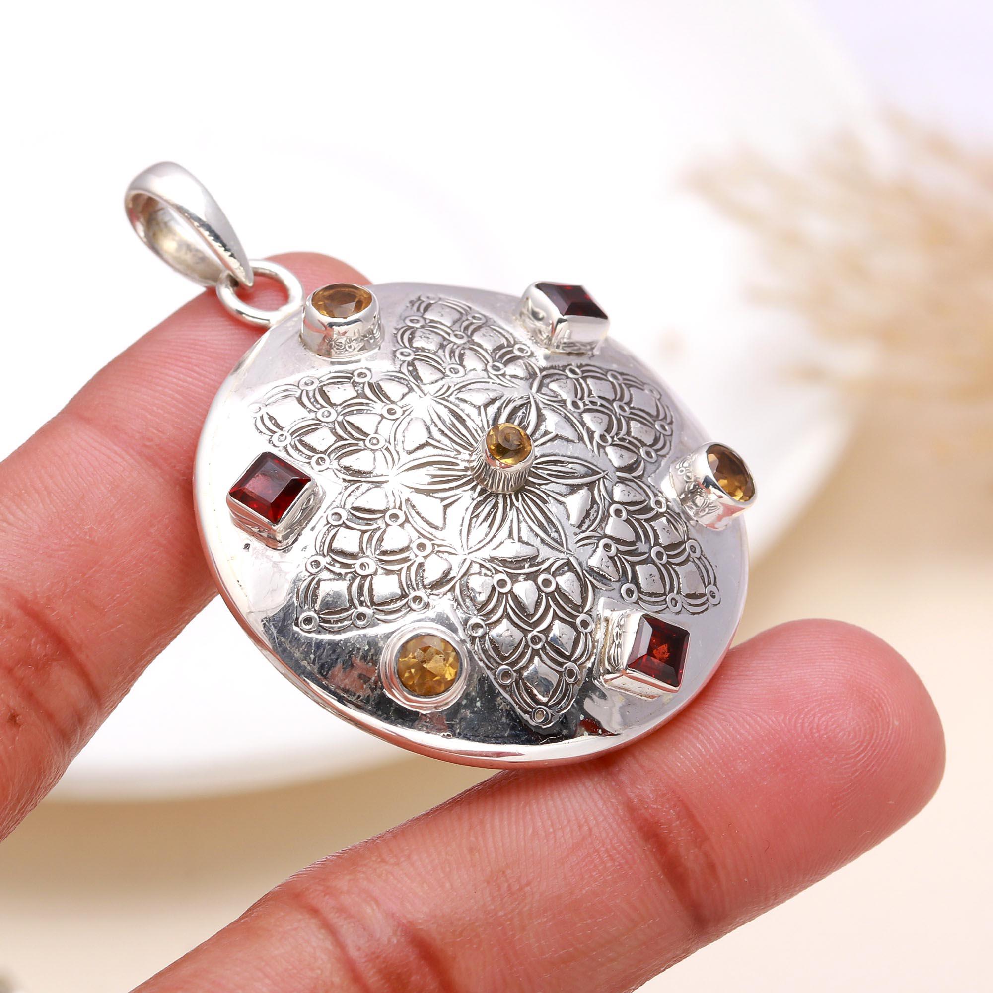 925 Sterling Silver Garnet & Citrine Pendant