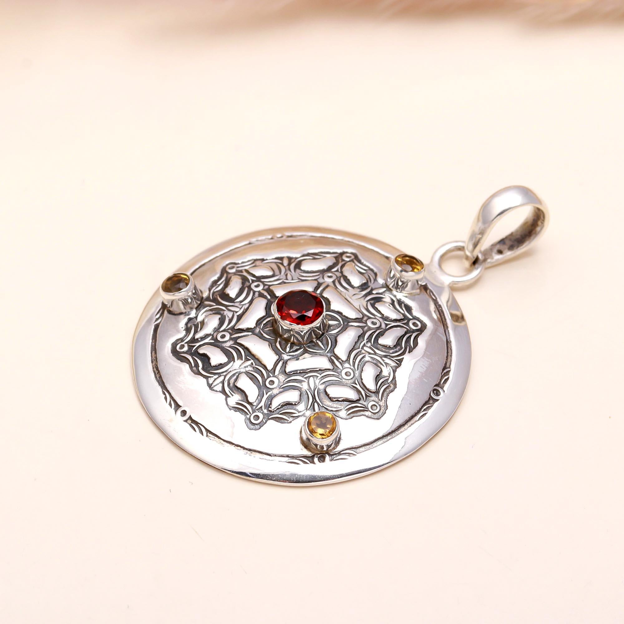 925 Sterling Silver Garnet & Citrine Medallion Pendant