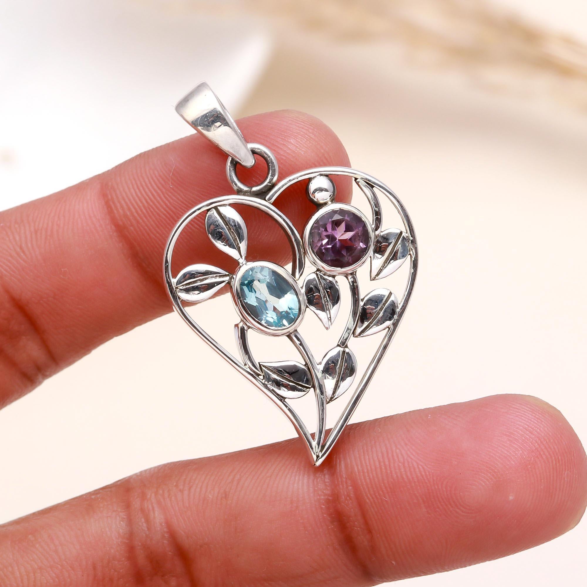 925 Sterling Silver Heart Pendant with Amethyst & Blue Topaz