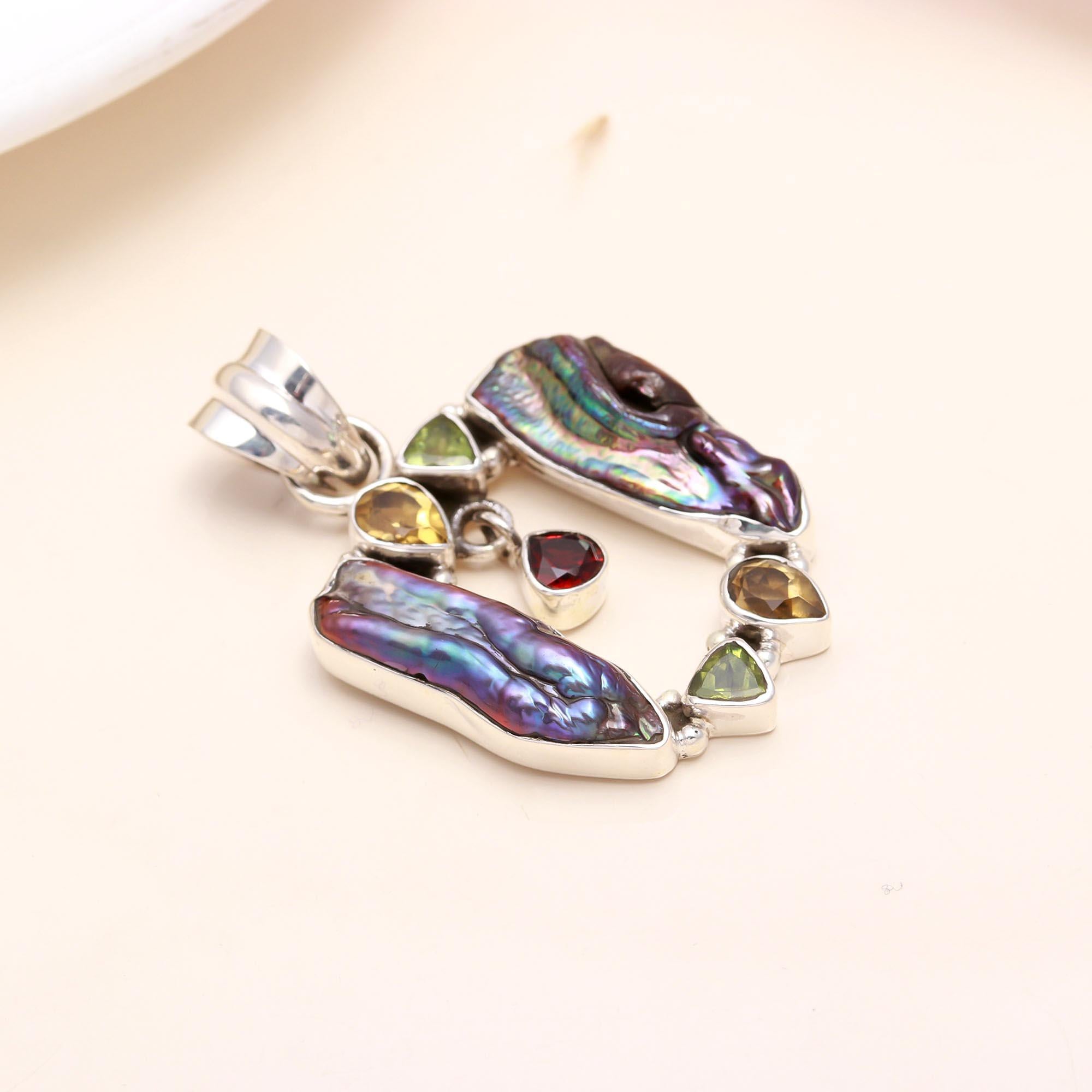 925 Sterling Silver Baroque Pearl Pendant with Multi-Gemstones