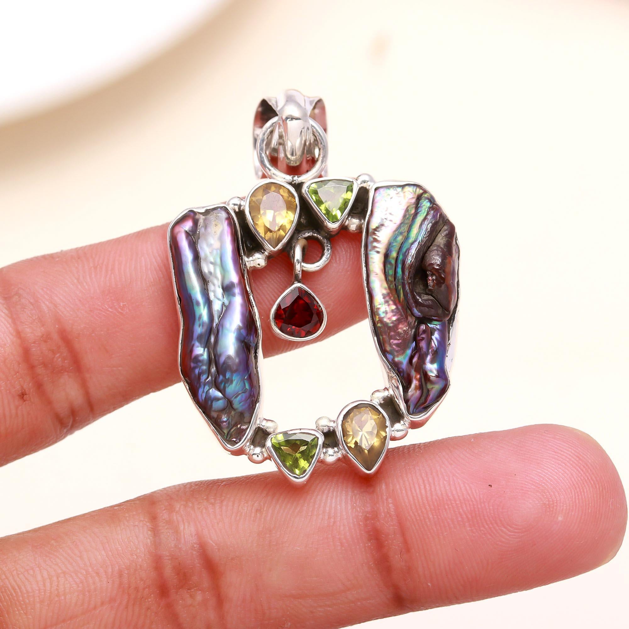 925 Sterling Silver Baroque Pearl Pendant with Multi-Gemstones