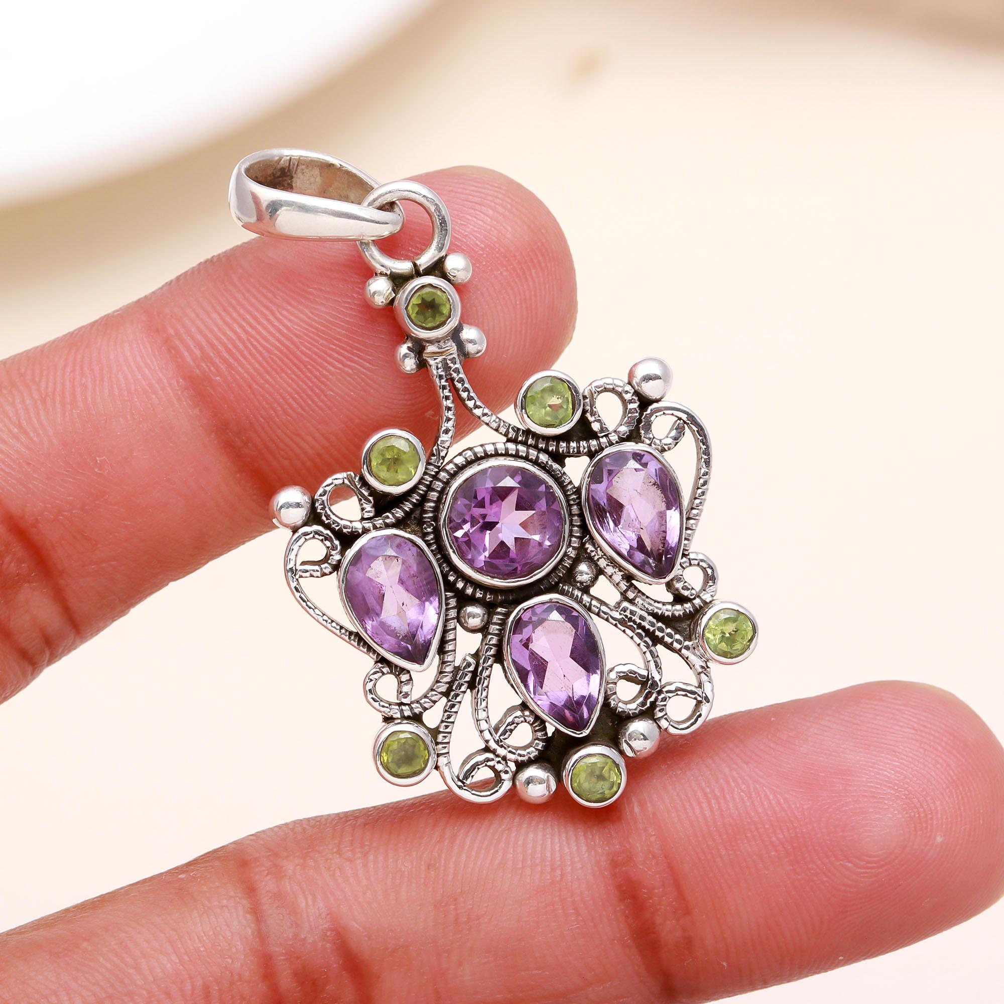925 Sterling Silver Vintage Amethyst & Peridot Gemstone Filigree Pendant