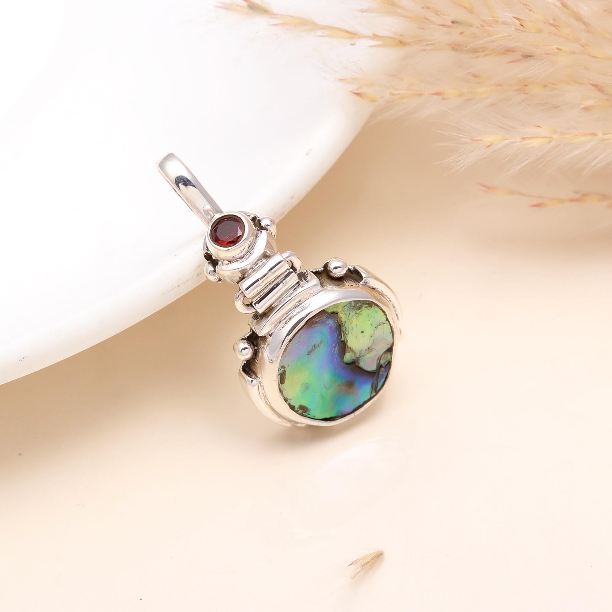 925 Sterling Silver Abalone & Garnet Pendant