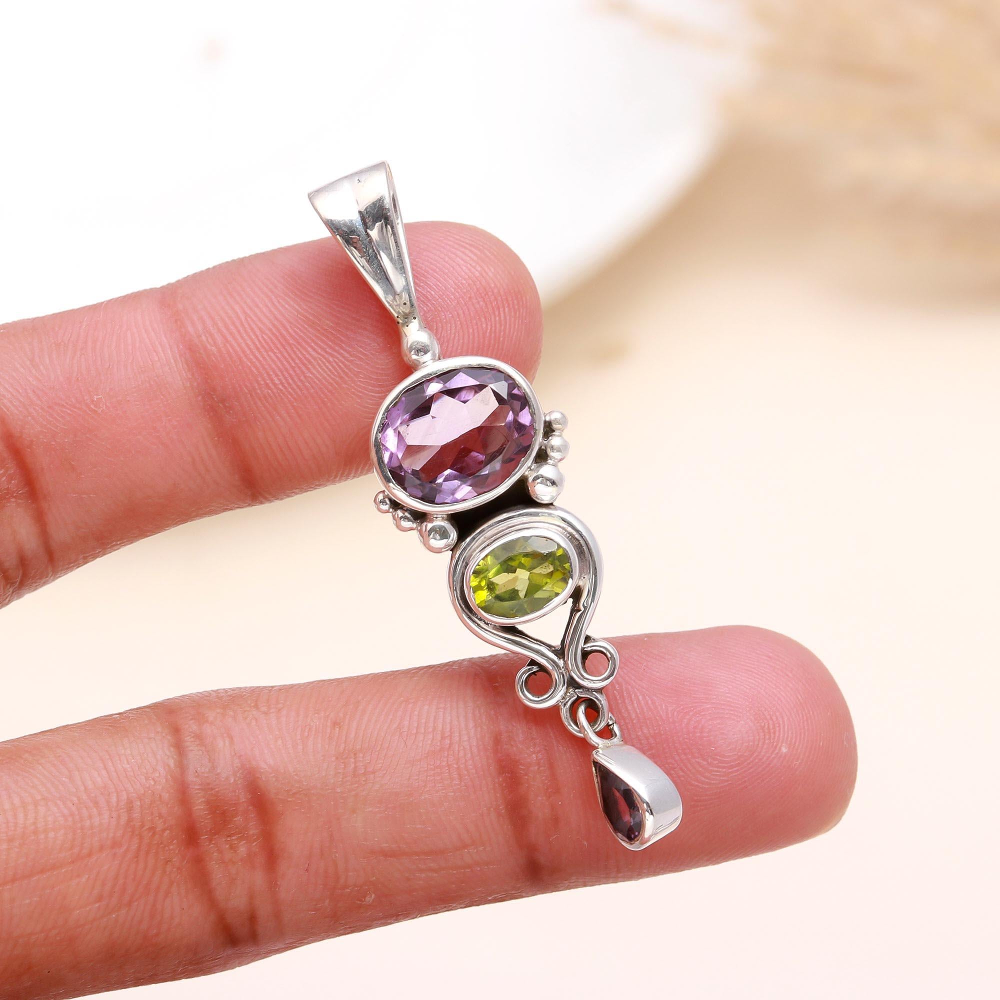 925 Sterling Silver Amethyst & Peridot Pendant