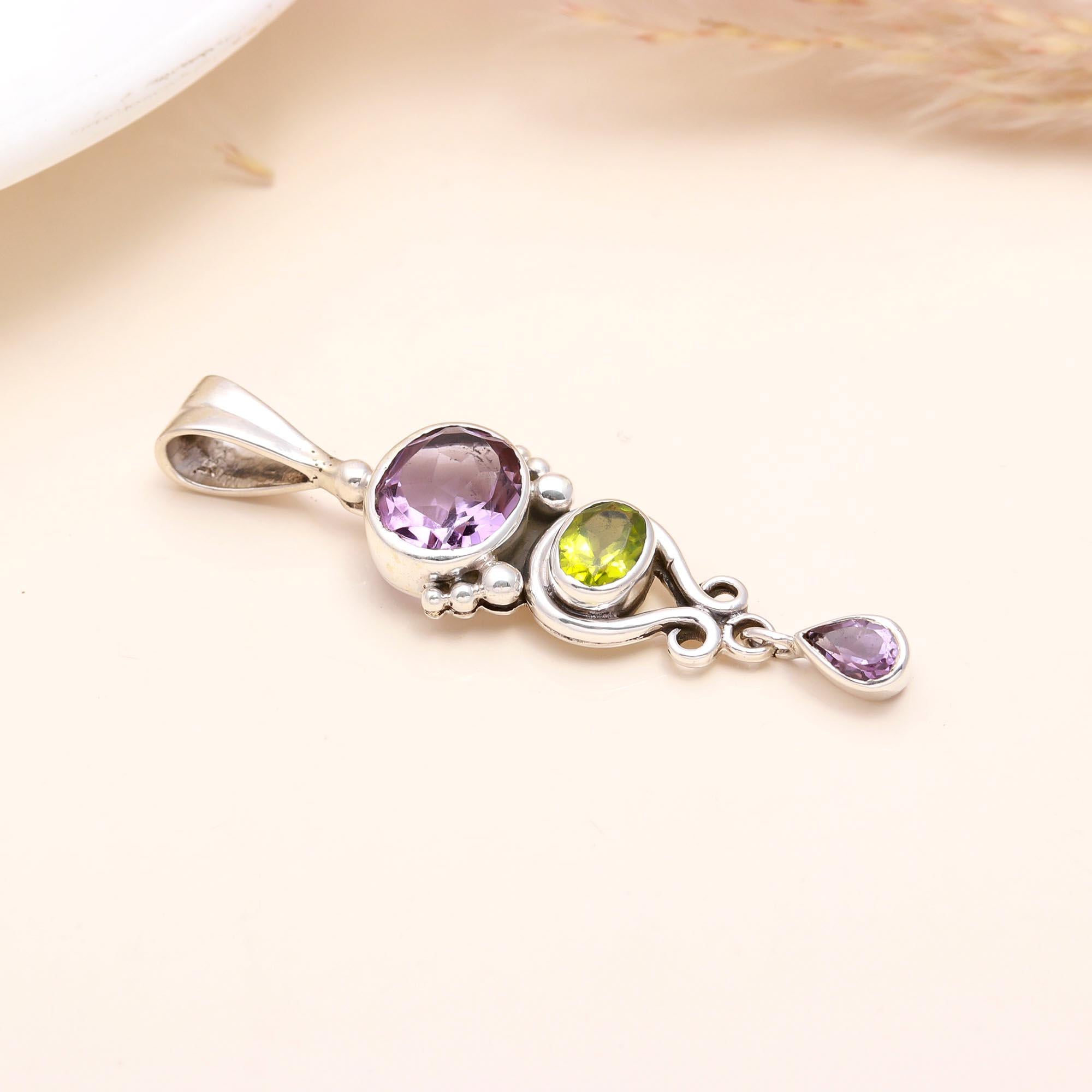 925 Sterling Silver Amethyst & Peridot Pendant