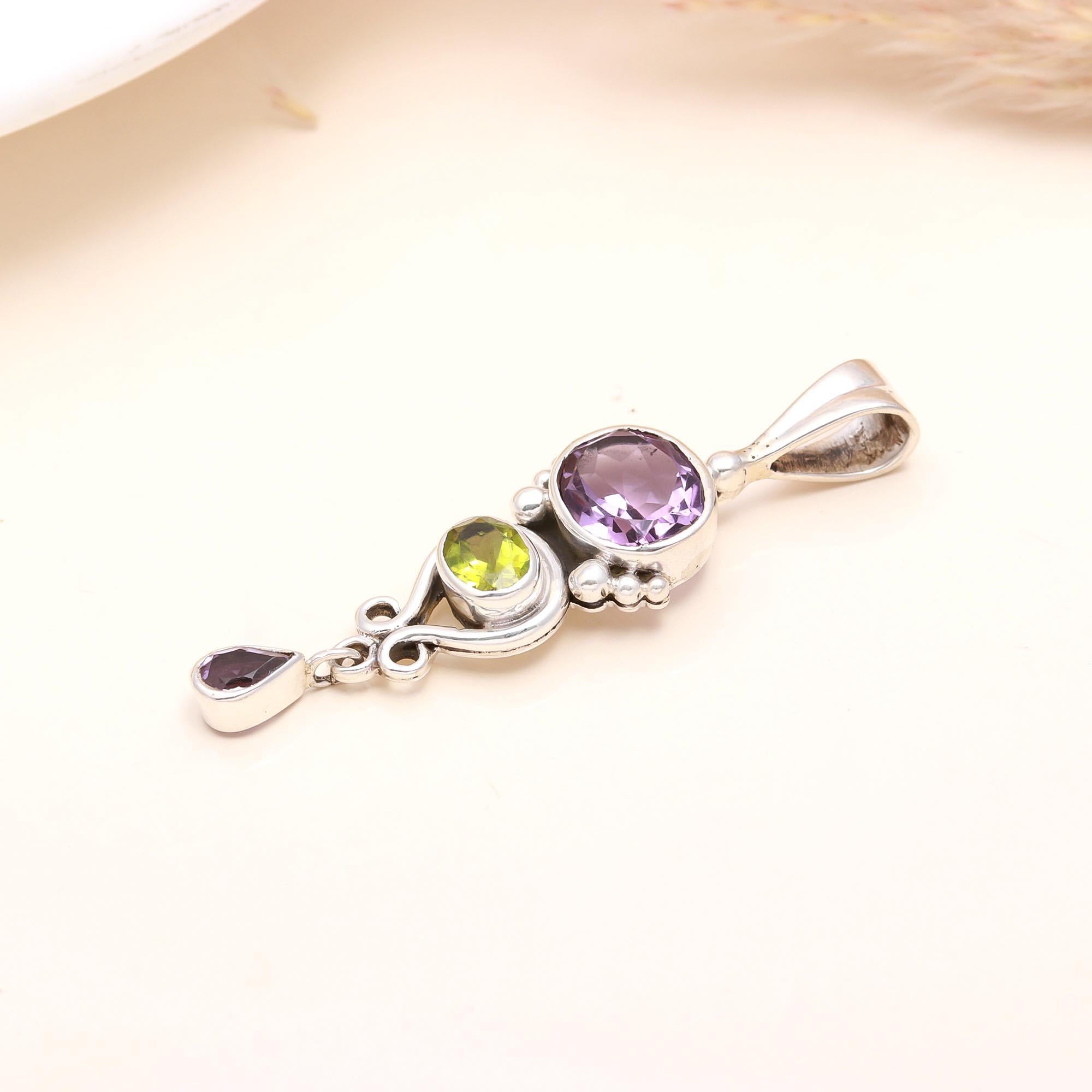 925 Sterling Silver Amethyst & Peridot Pendant