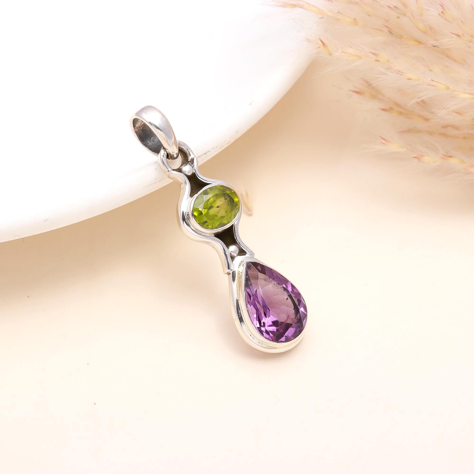 925 Sterling Silver Amethyst & Peridot Drop Pendant