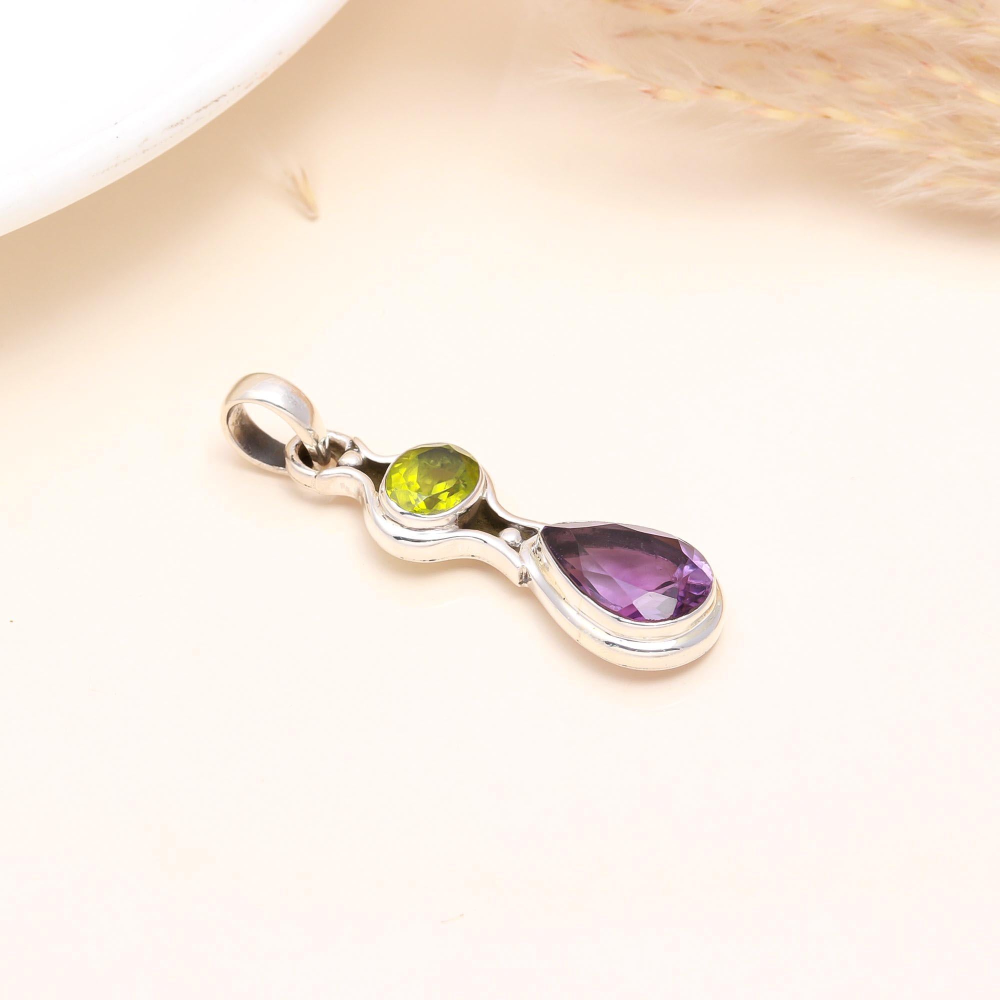 925 Sterling Silver Amethyst & Peridot Drop Pendant