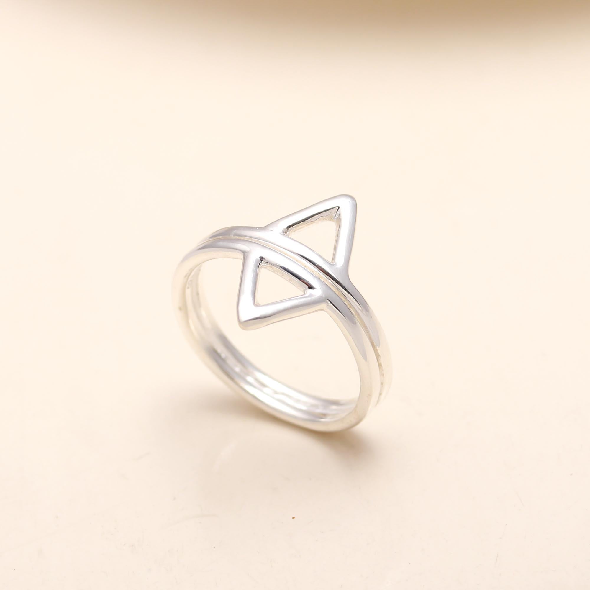 The Modern Apex: Silver Geometric Double Triangle Ring