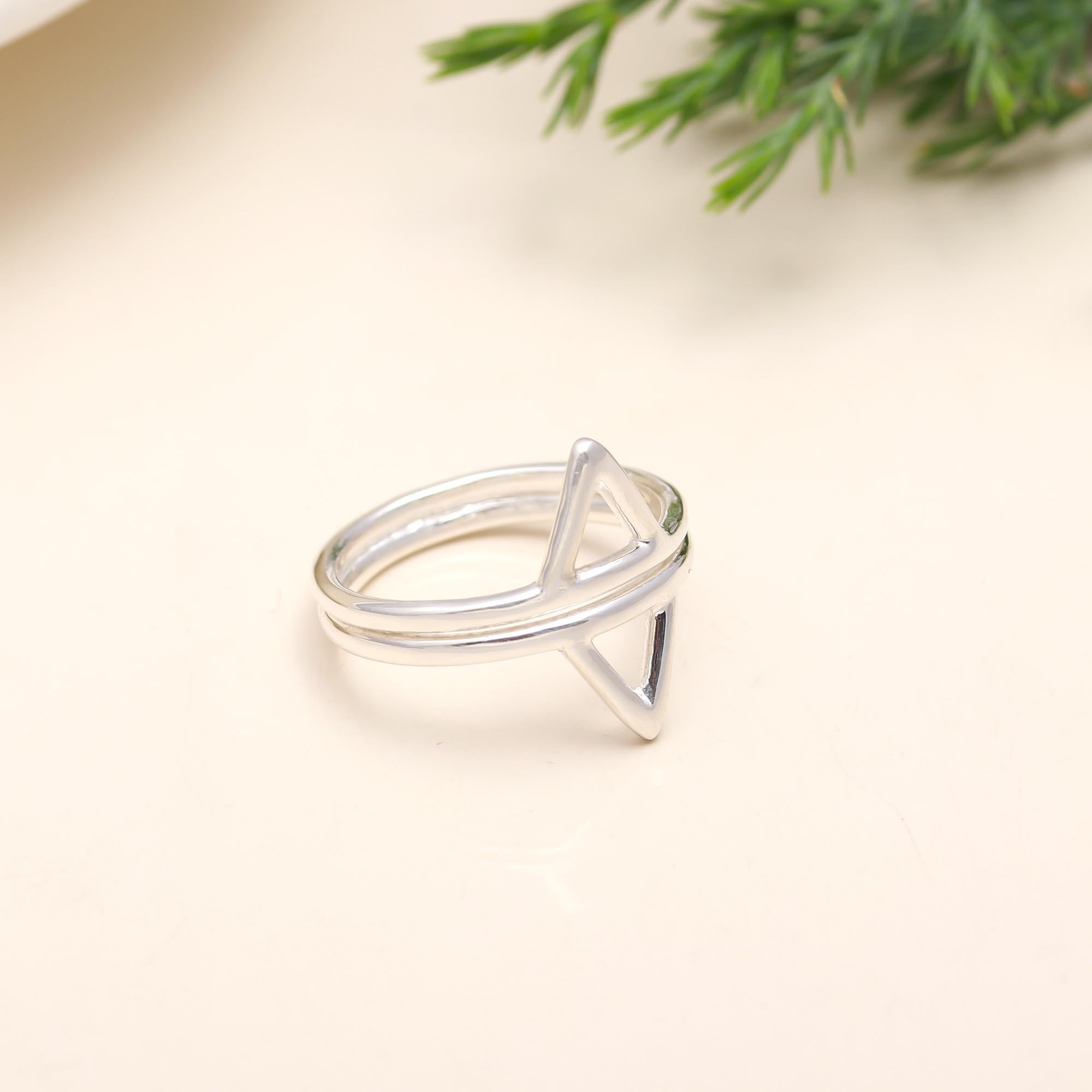 The Modern Apex: Silver Geometric Double Triangle Ring