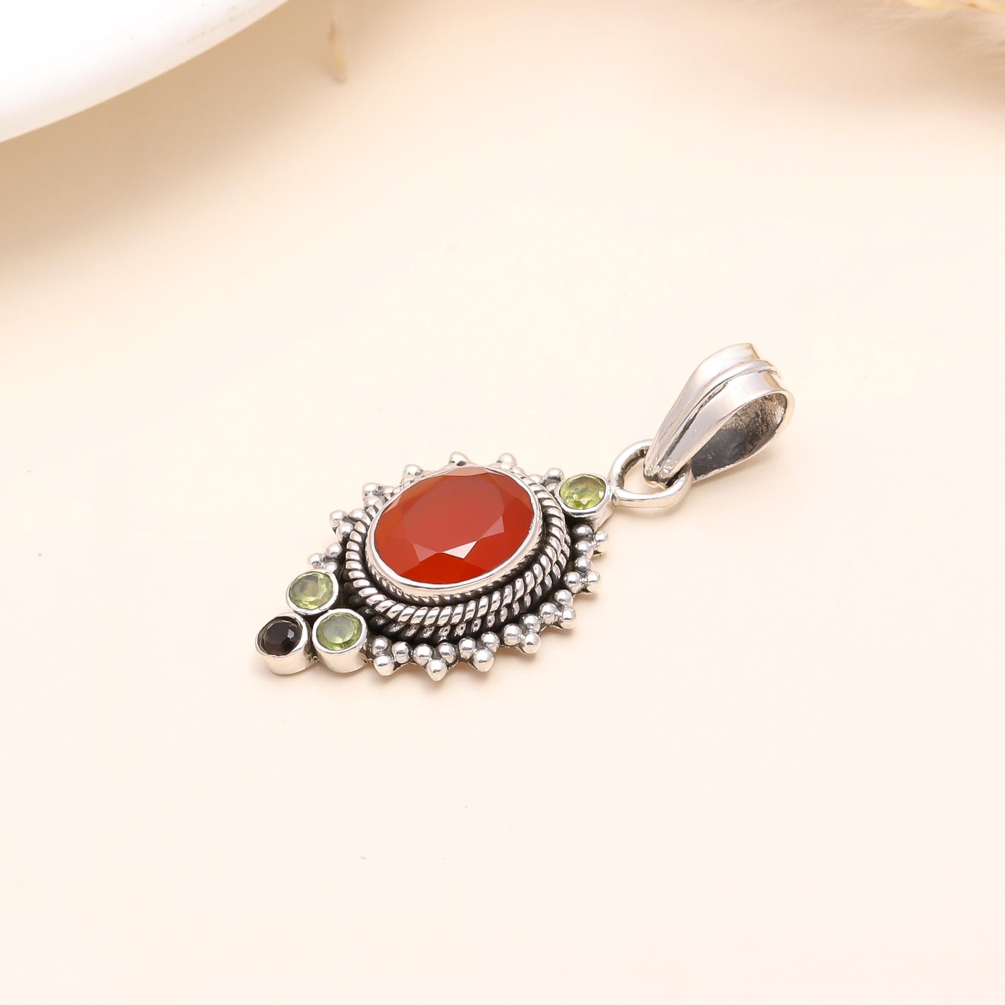 925 Sterling Silver Vintage Carnelian, Peridot & Smoky Quartz Pendant