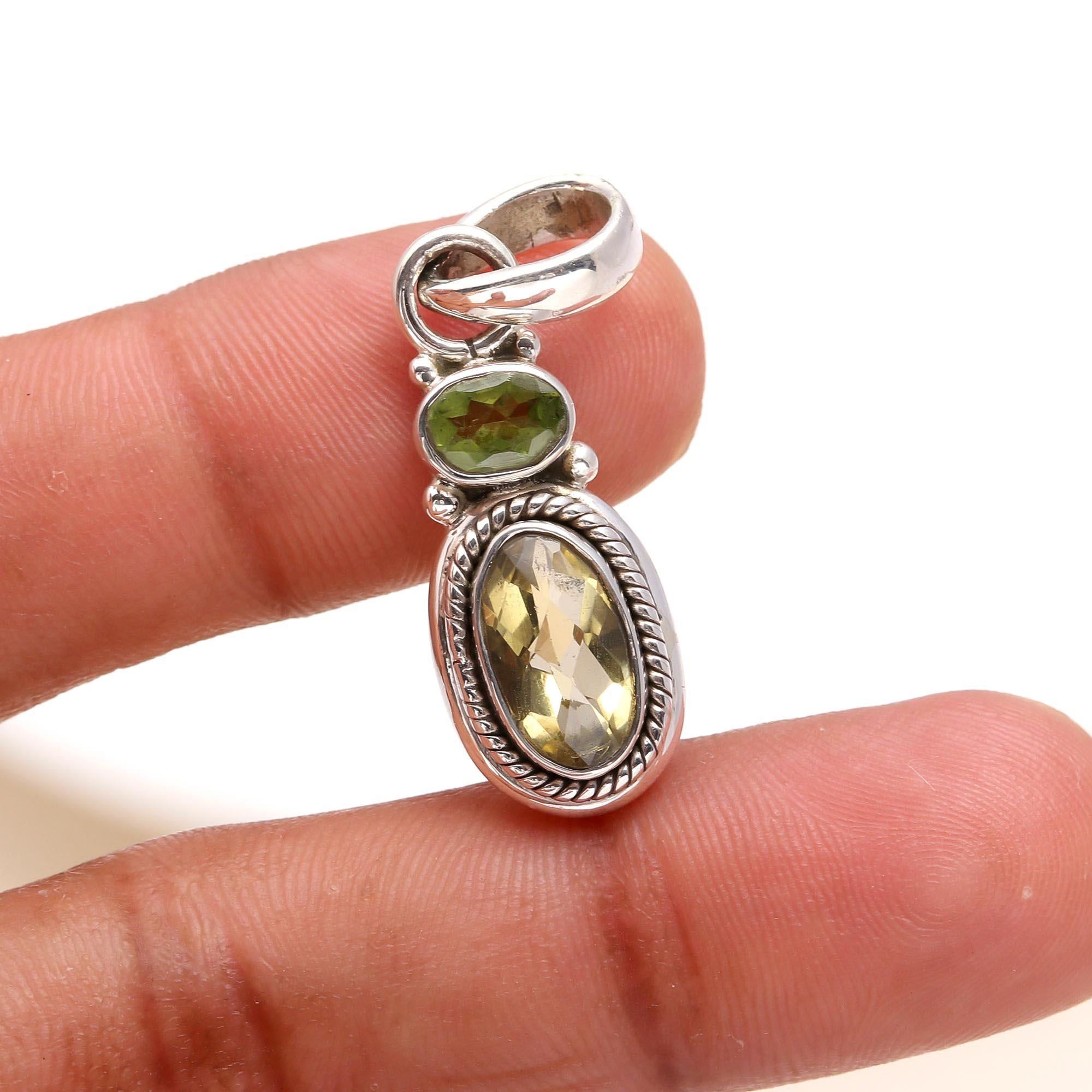 925 Sterling Silver Faceted Lemon Quartz & Peridot Pendant