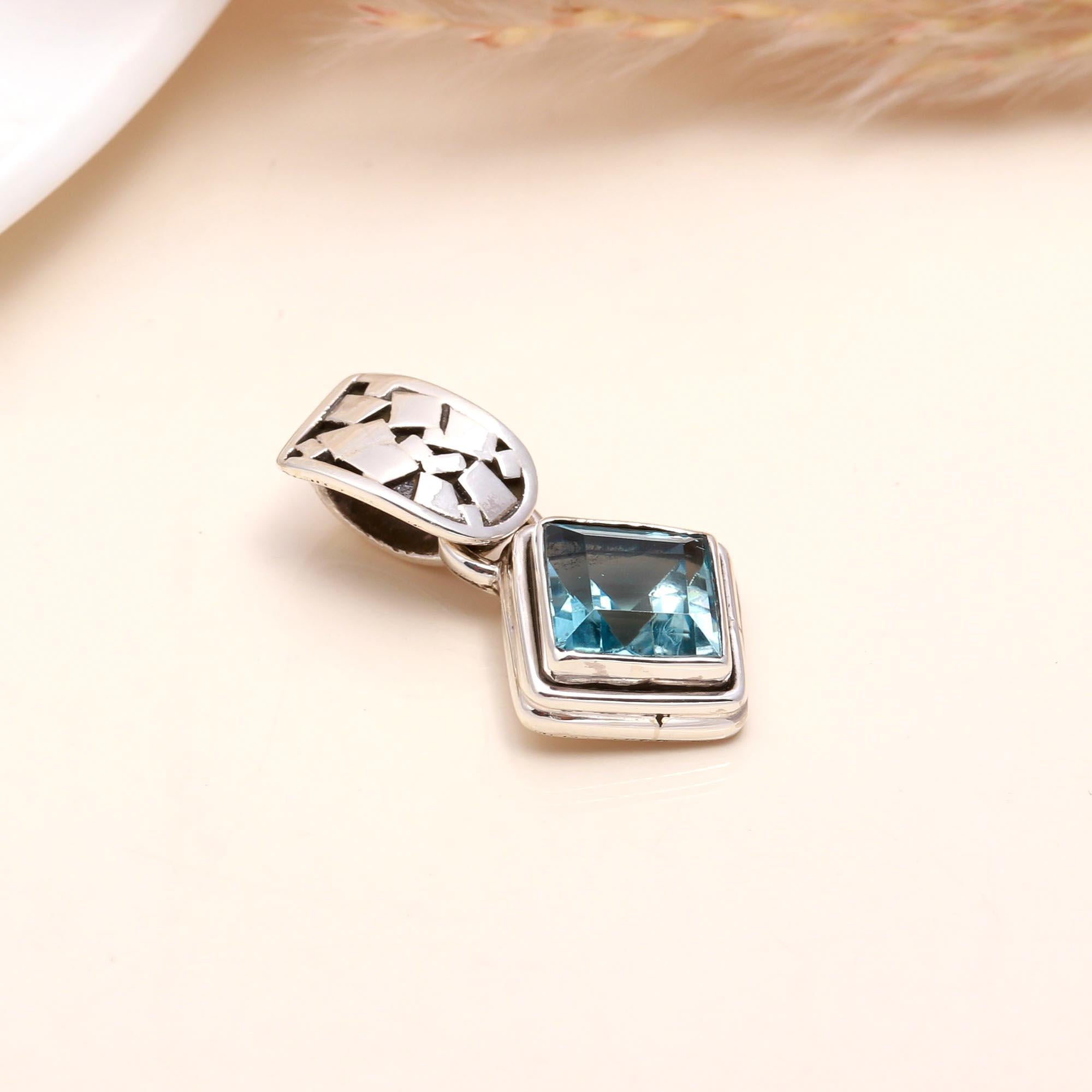 925 Sterling Silver Geometric Square Blue Topaz Pendant