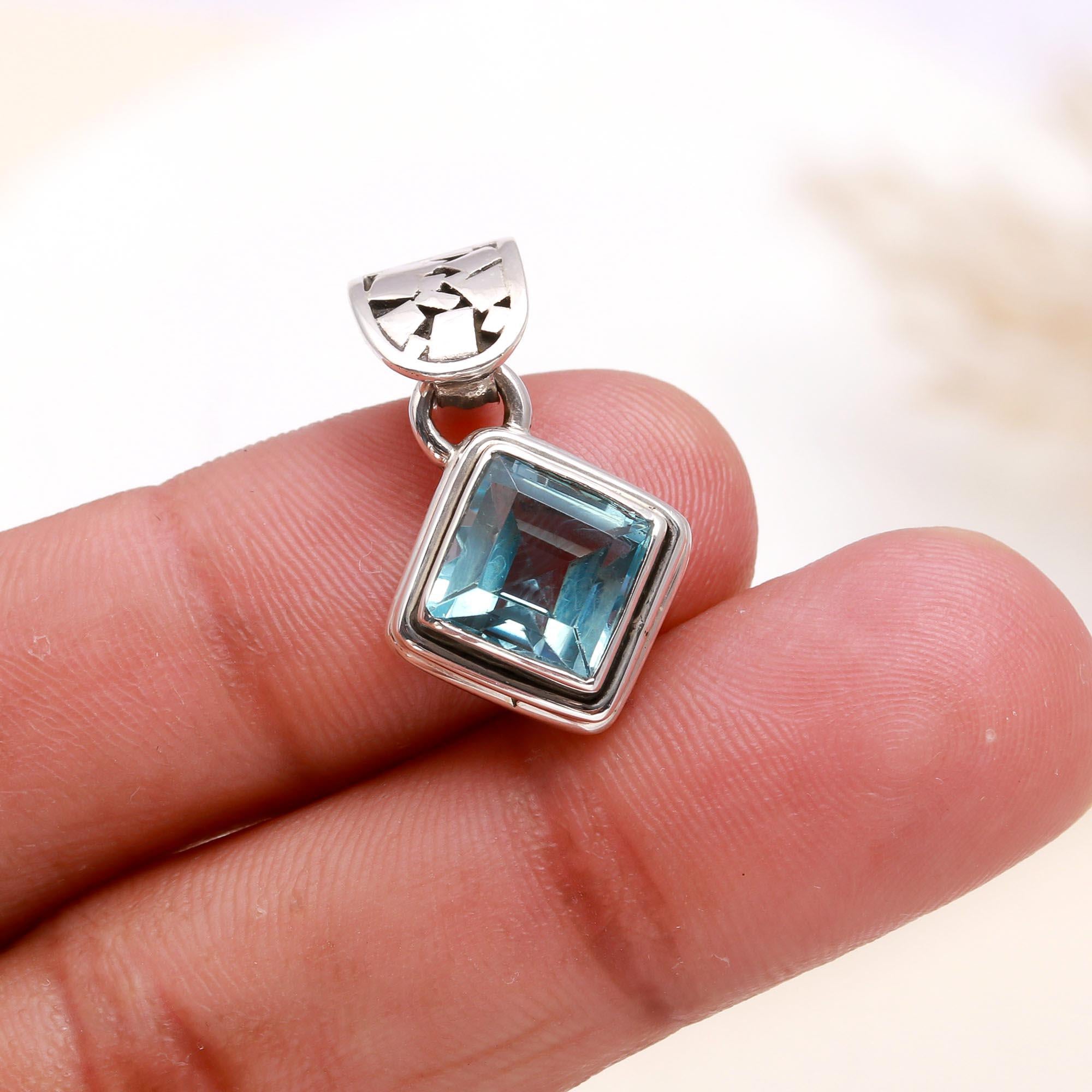 925 Sterling Silver Geometric Square Blue Topaz Pendant