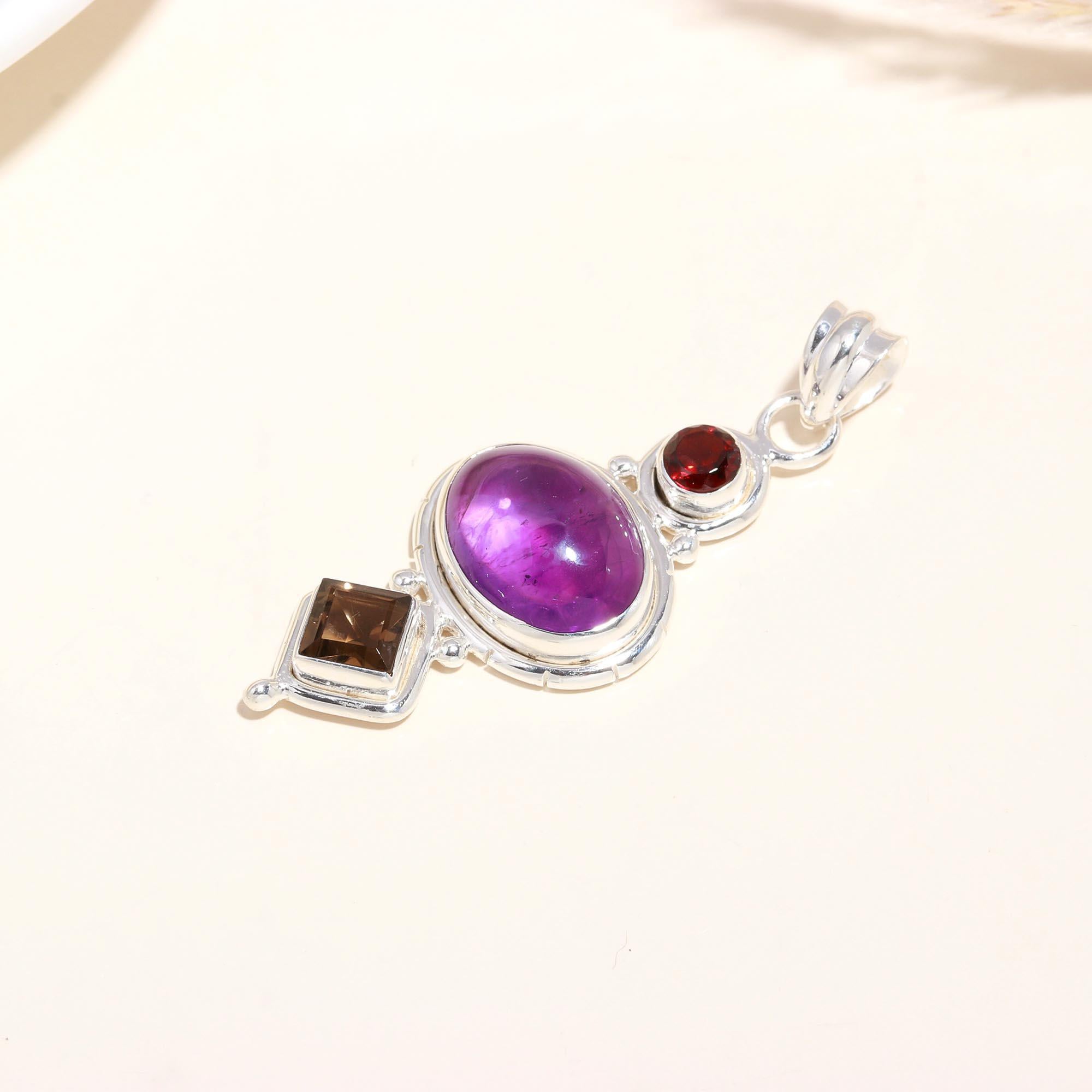 925 Sterling Silver Handmade Amethyst, Garnet & Smoky Quartz Pendant