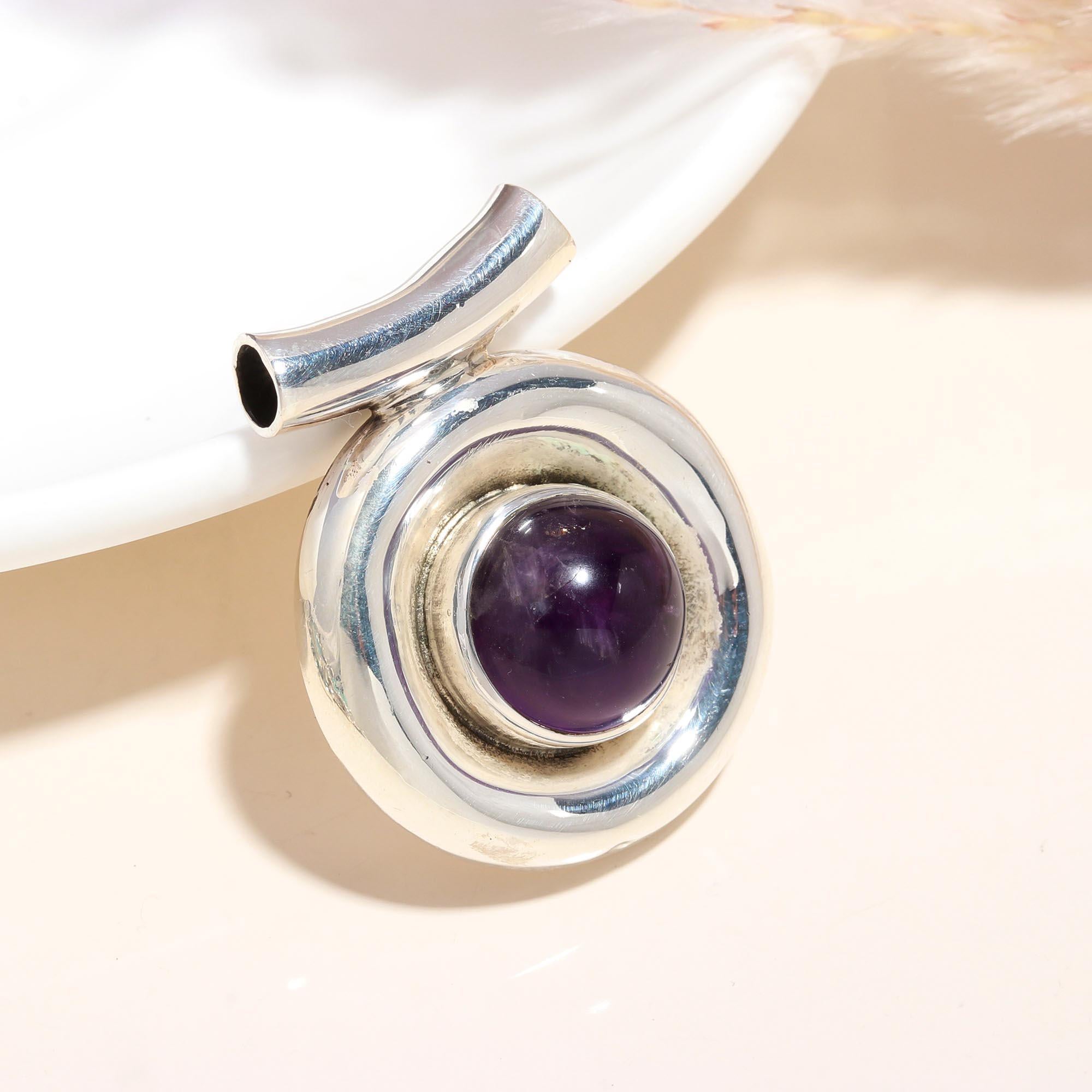 925 Sterling Silver Modern Statement Amethyst Dome Pendant