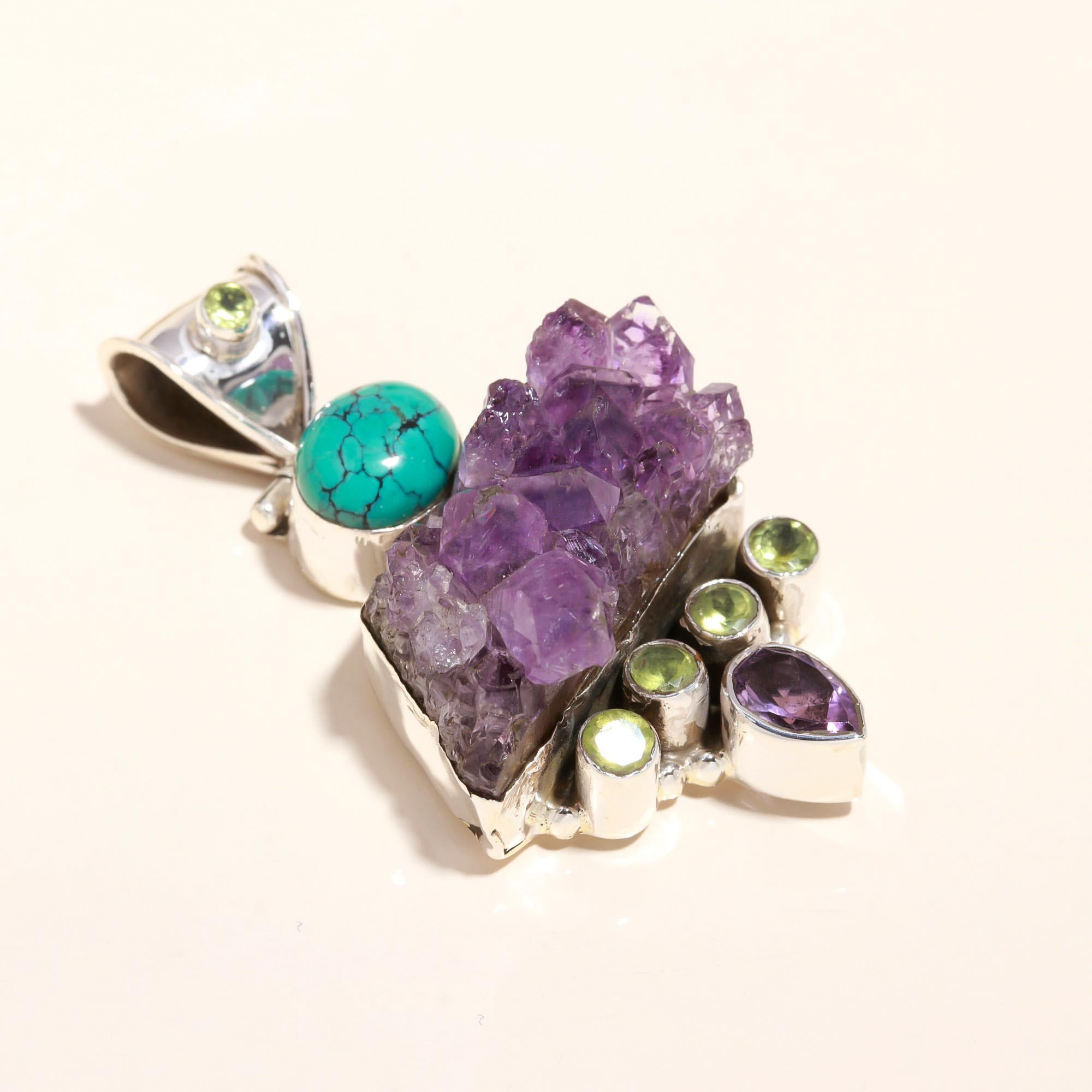 925 Sterling Silver Amethyst, Turquoise & Raw Crystal Statement Pendant