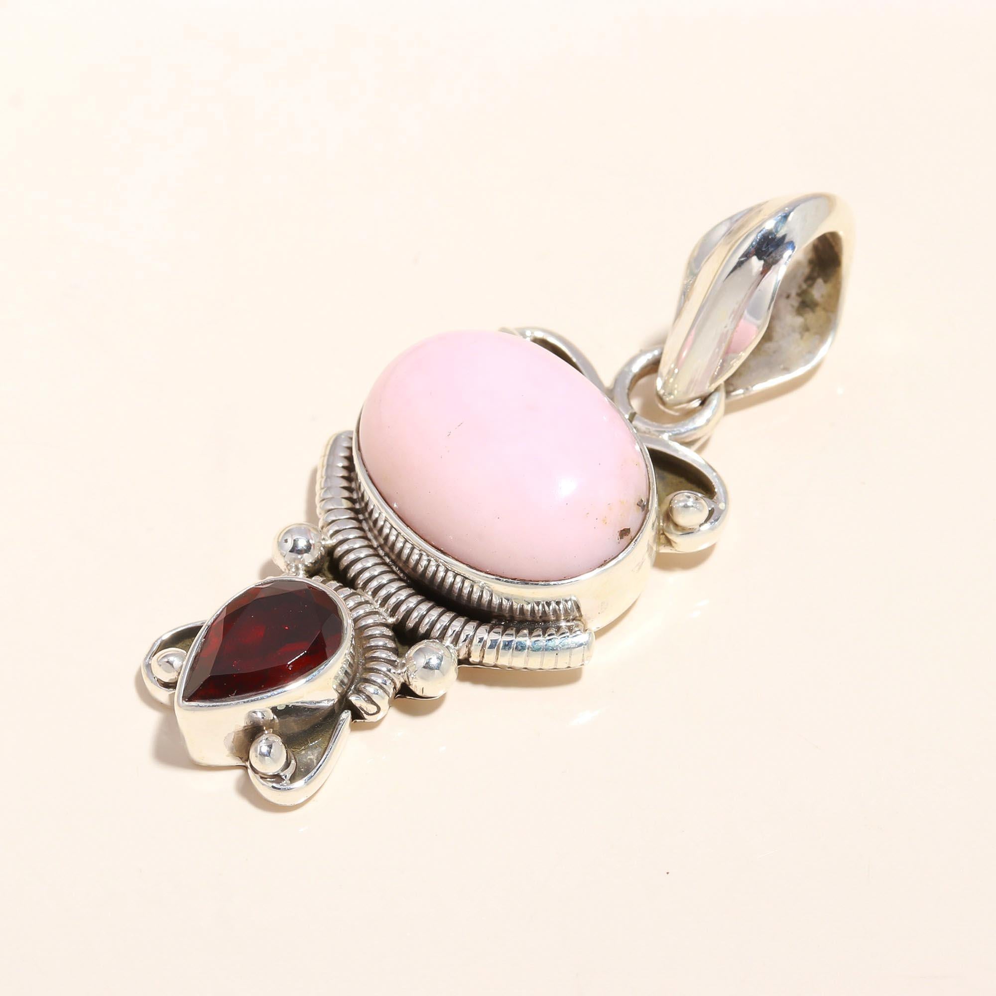 925 Sterling Silver Handmade Vintage Rose Quartz & Garnet Pendant