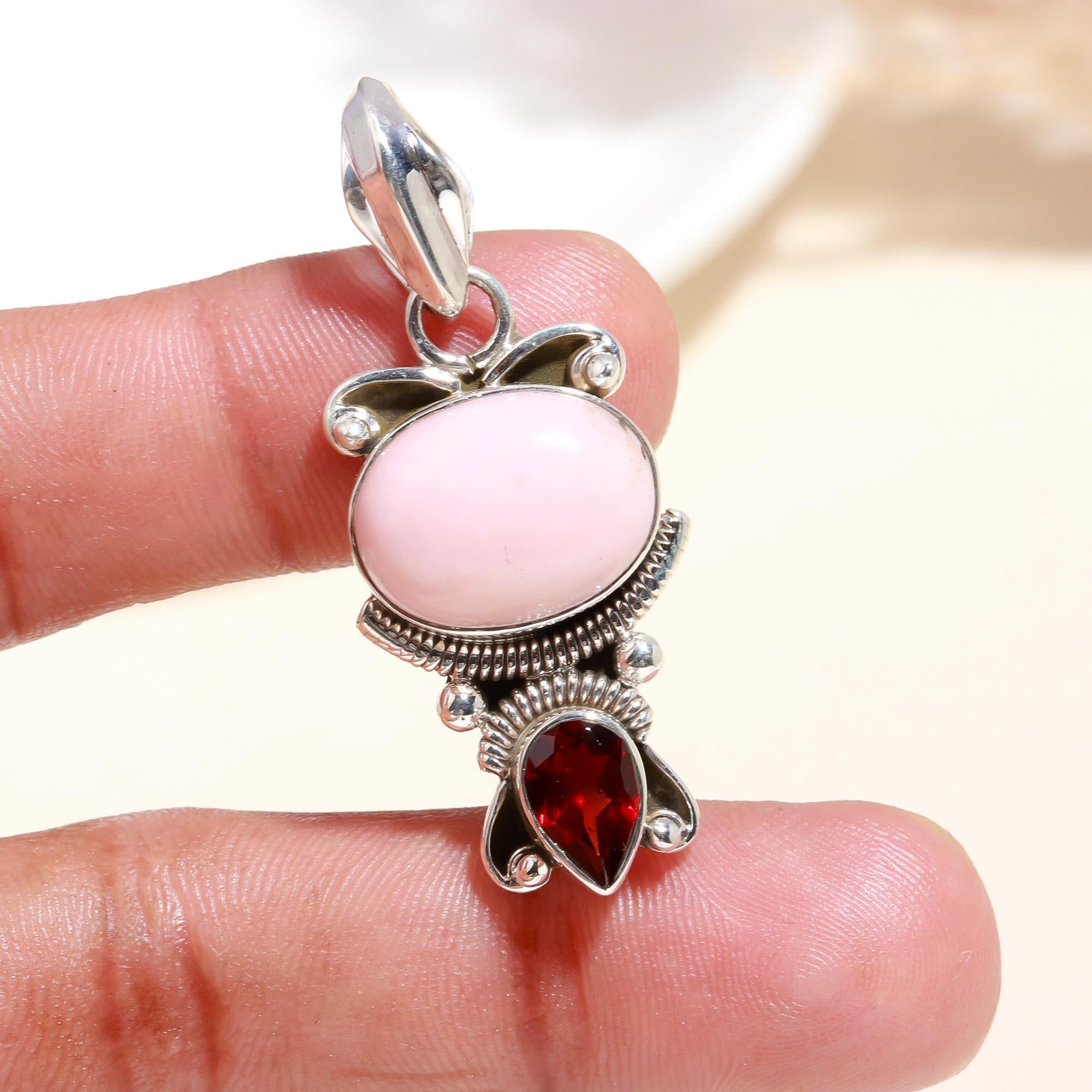 925 Sterling Silver Handmade Vintage Rose Quartz & Garnet Pendant