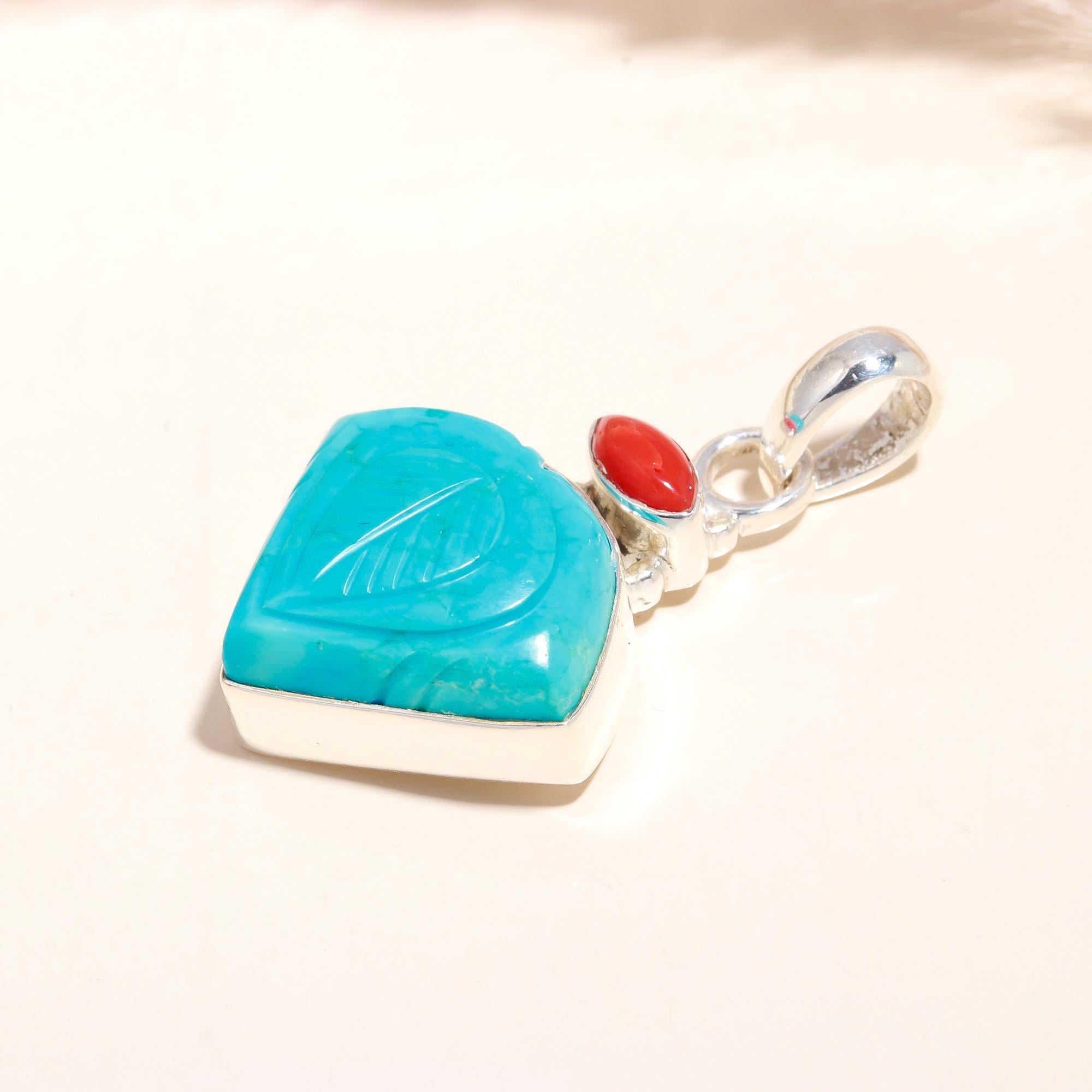 925 Sterling Silver Hand-Carved Turquoise & Coral Pendant