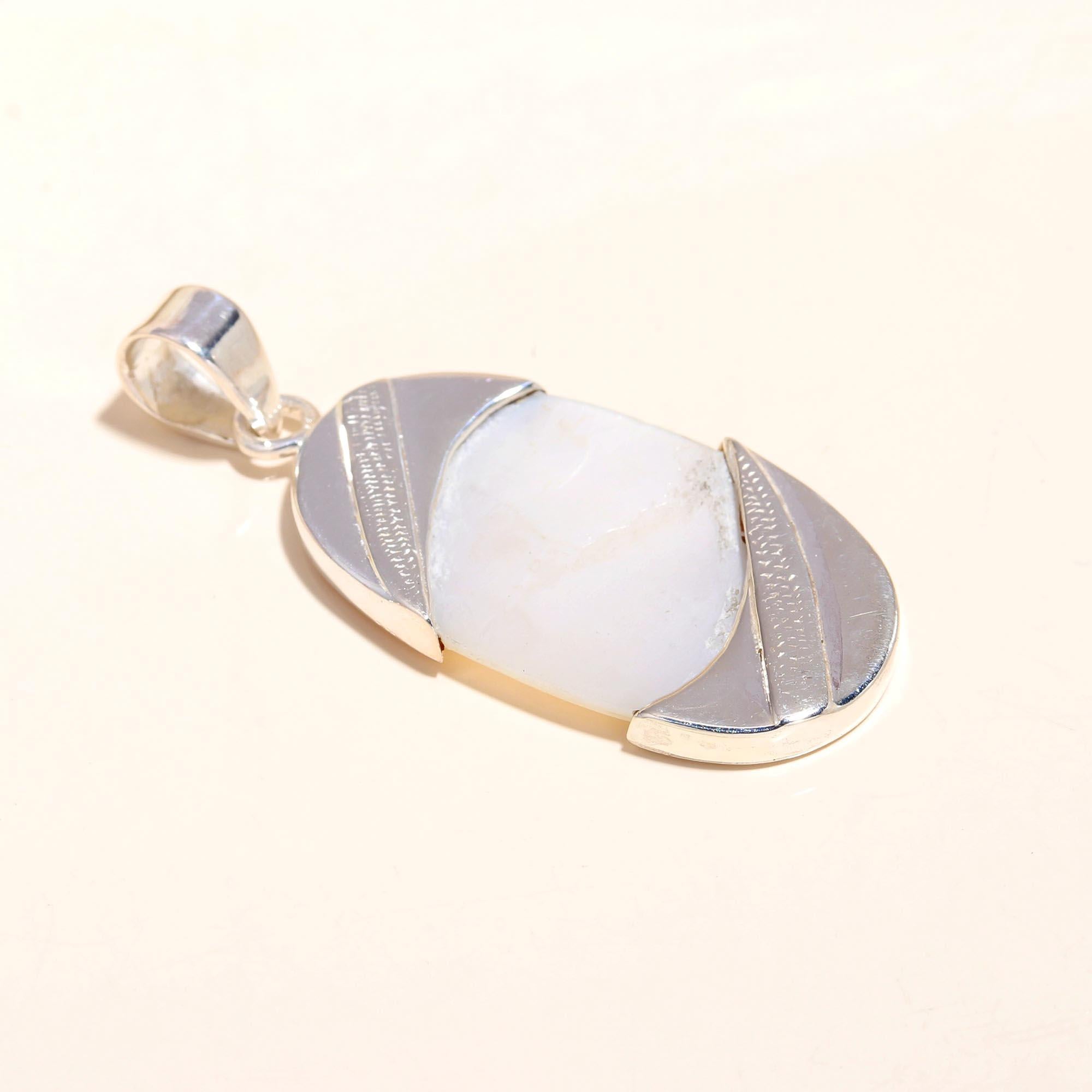 925 Sterling Silver Art Deco Statement White Gemstone Pendant
