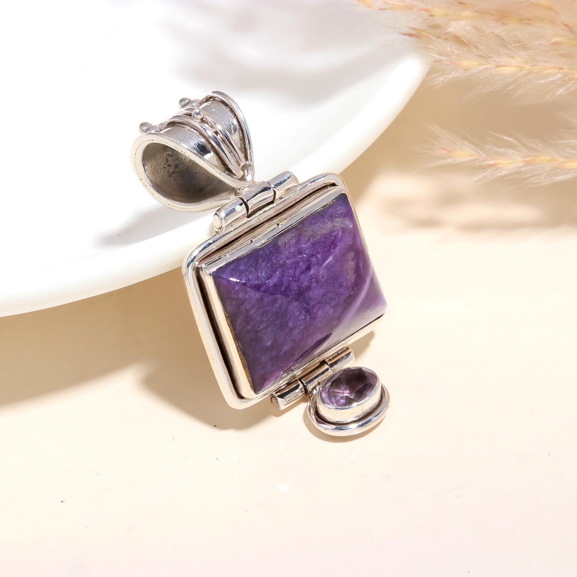 925 Sterling Silver Vintage Locket Purple Charoite Pendant