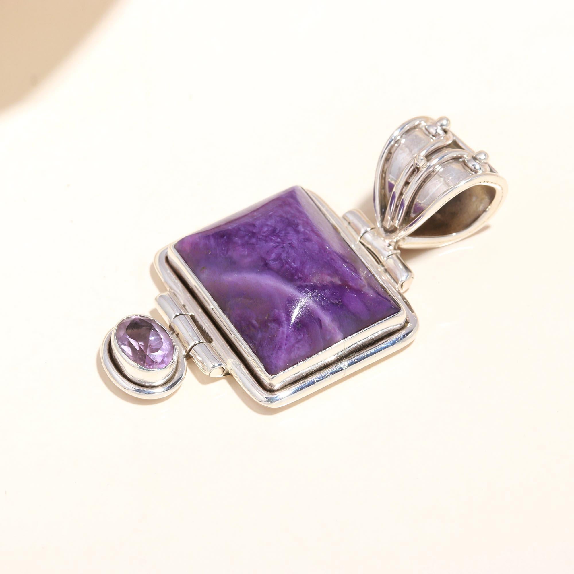 925 Sterling Silver Vintage Locket Purple Charoite Pendant