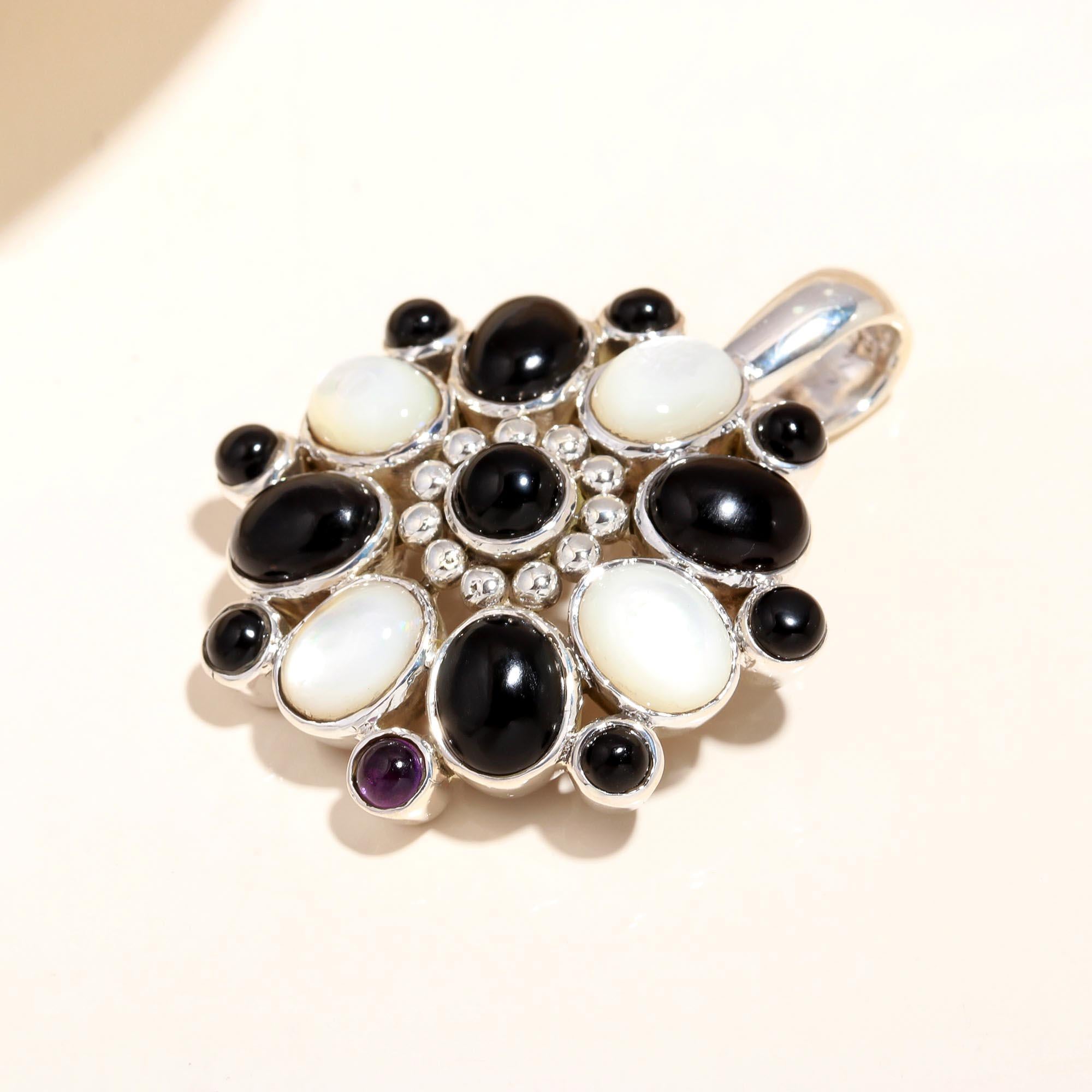 925 Sterling Silver Vintage Black Onyx & Mother of Pearl Pendant
