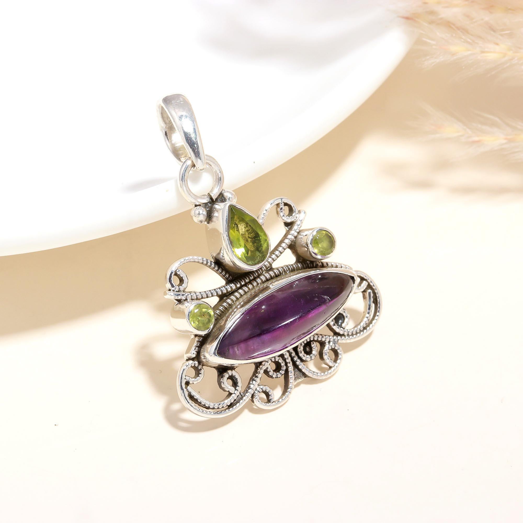 925 Sterling Silver Handmade Amethyst & Peridot Filigree Pendant