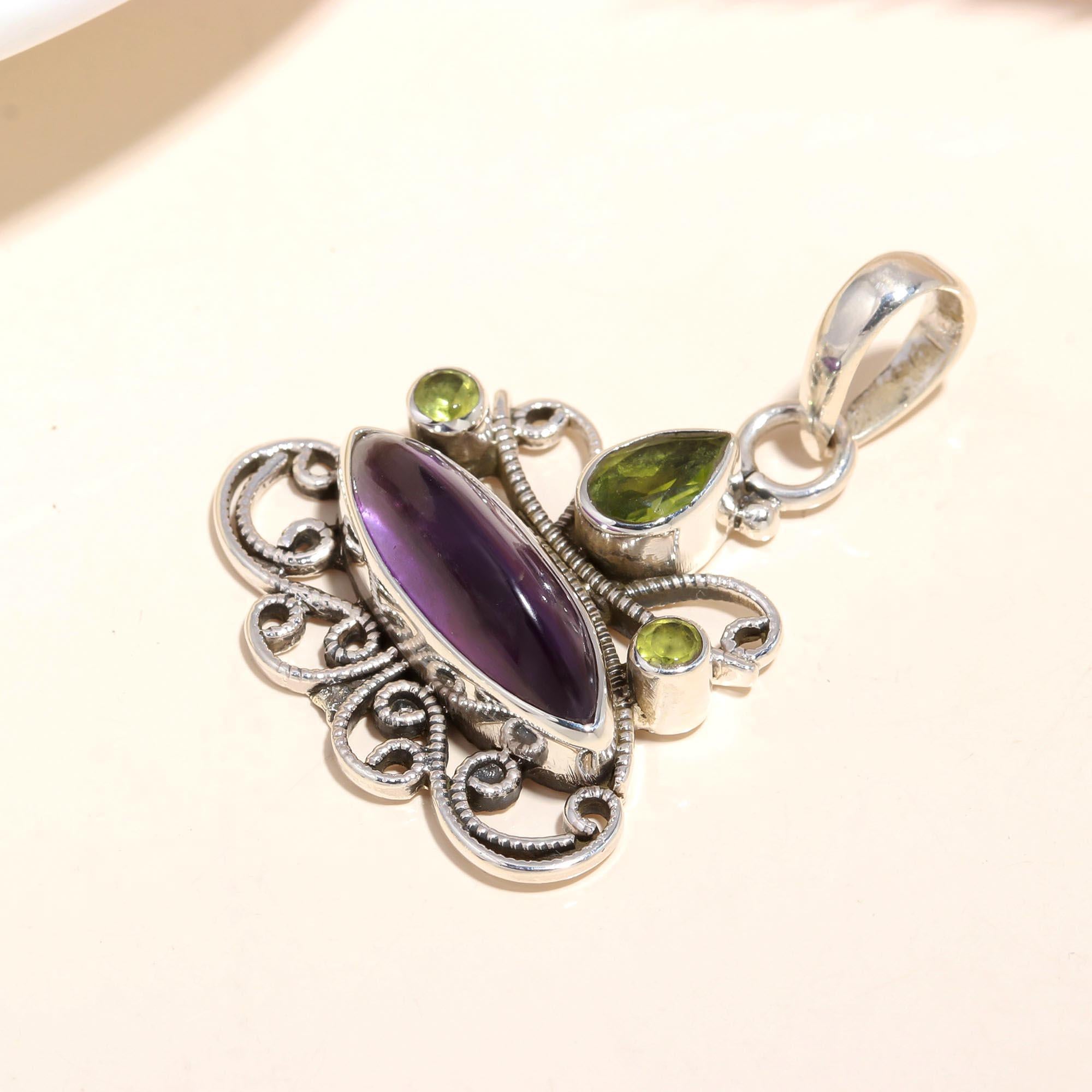 925 Sterling Silver Handmade Amethyst & Peridot Filigree Pendant