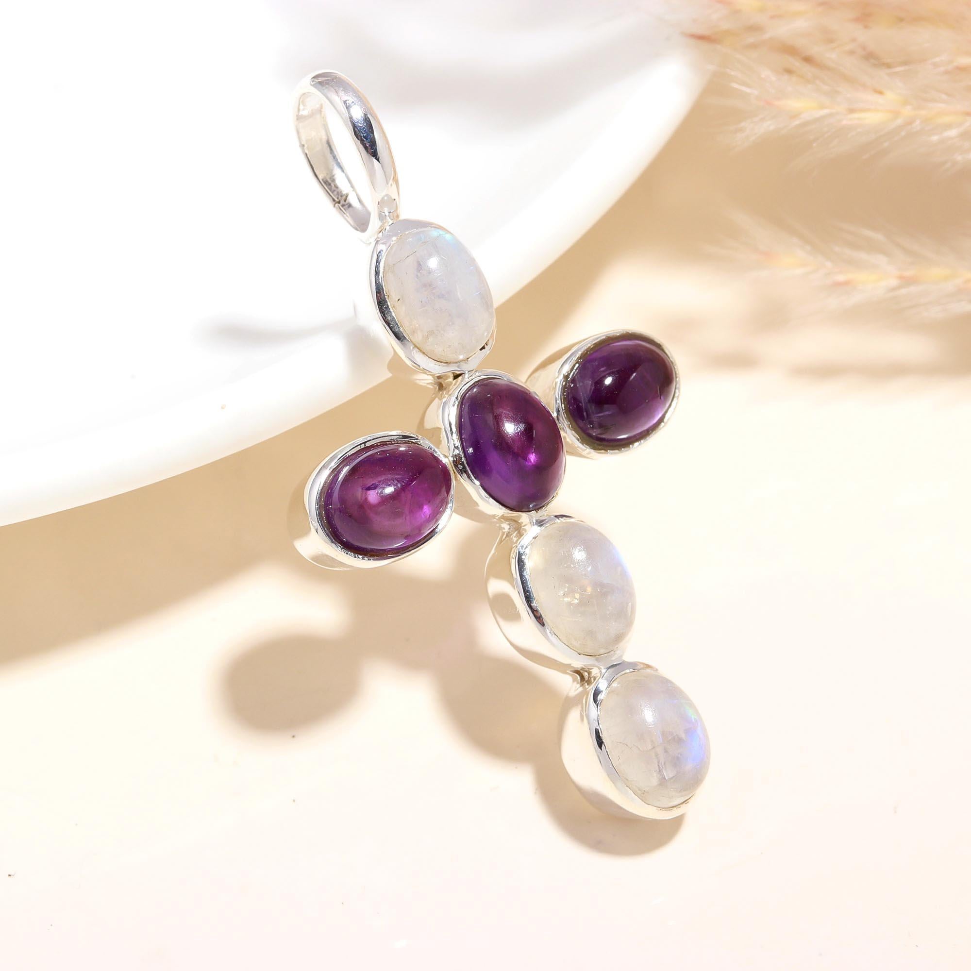 925 Sterling Silver Handmade Amethyst & Moonstone Cross Pendant