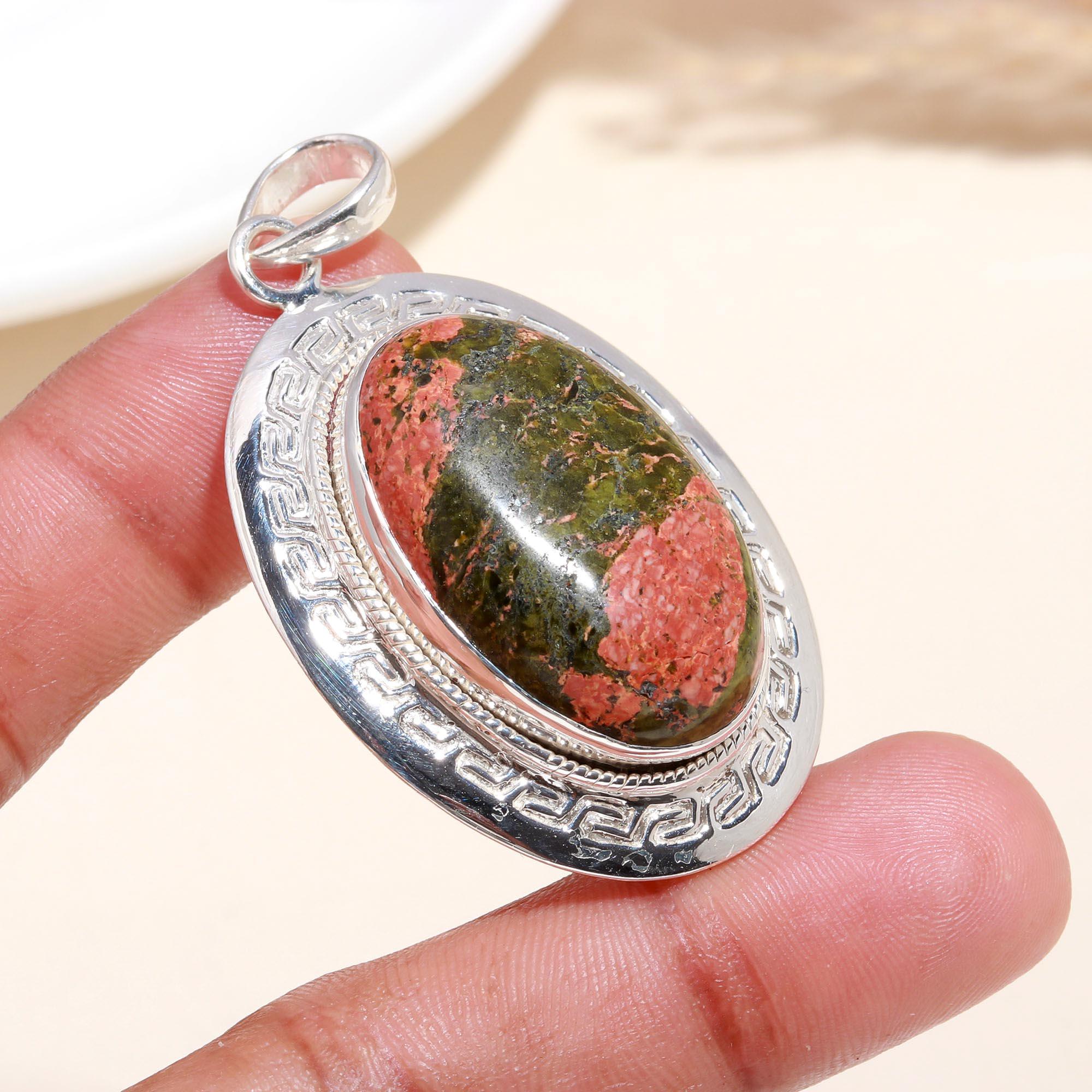 925 Sterling Silver Handmade Unakite Oval Pendant