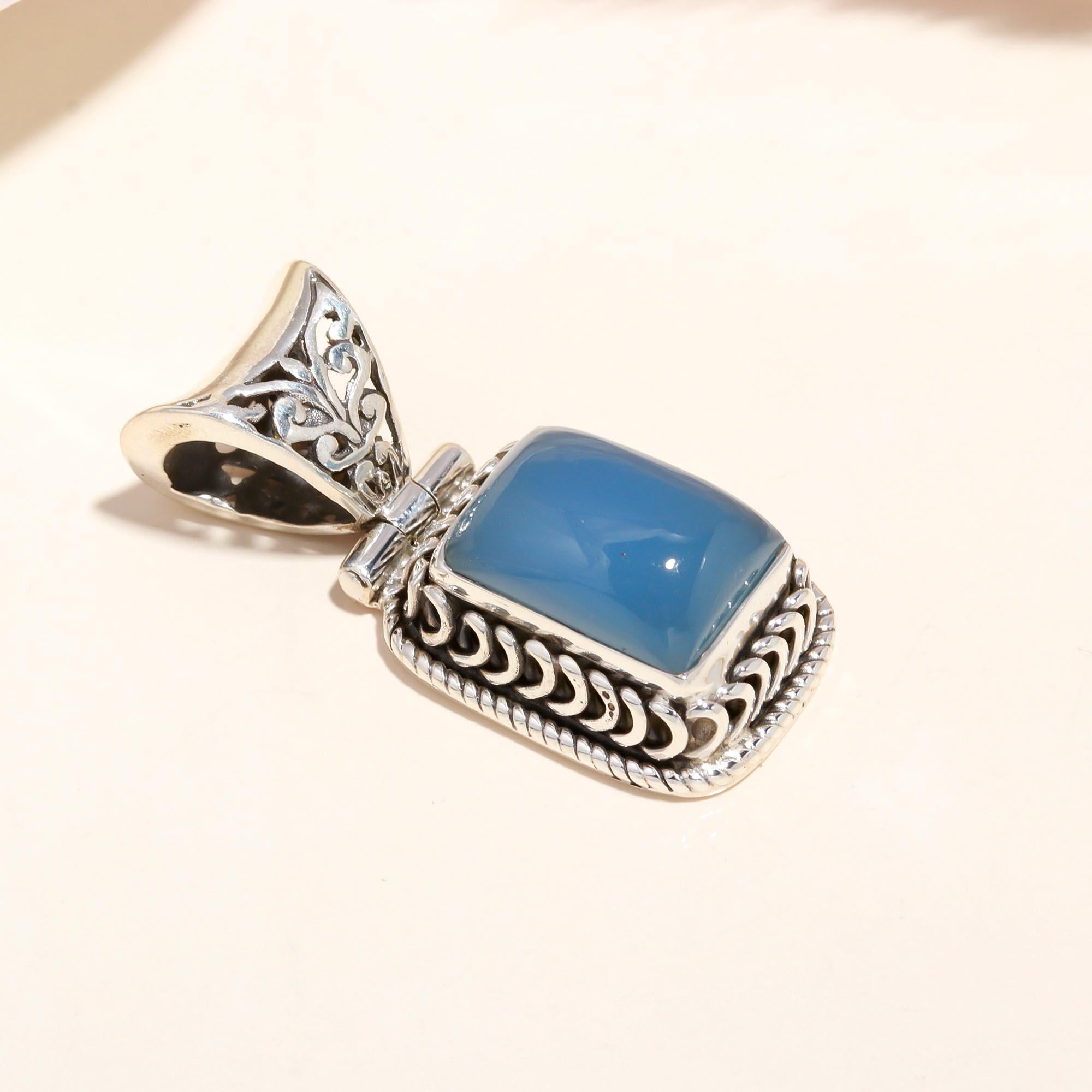 925 Sterling Silver Vintage Blue Chalcedony Rectangle Boho Pendant