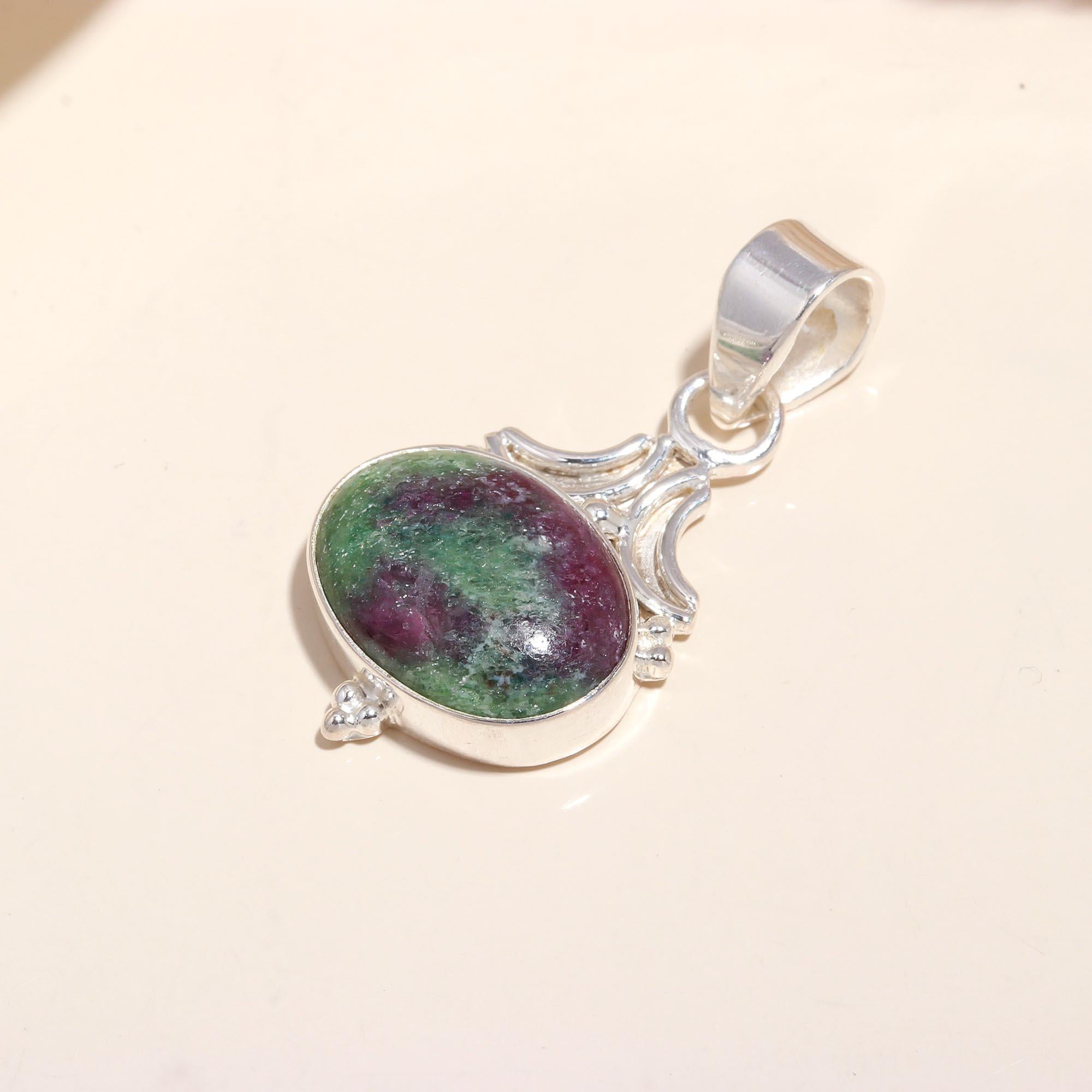 925 Sterling Silver Ruby Zoisite Oval Pendant