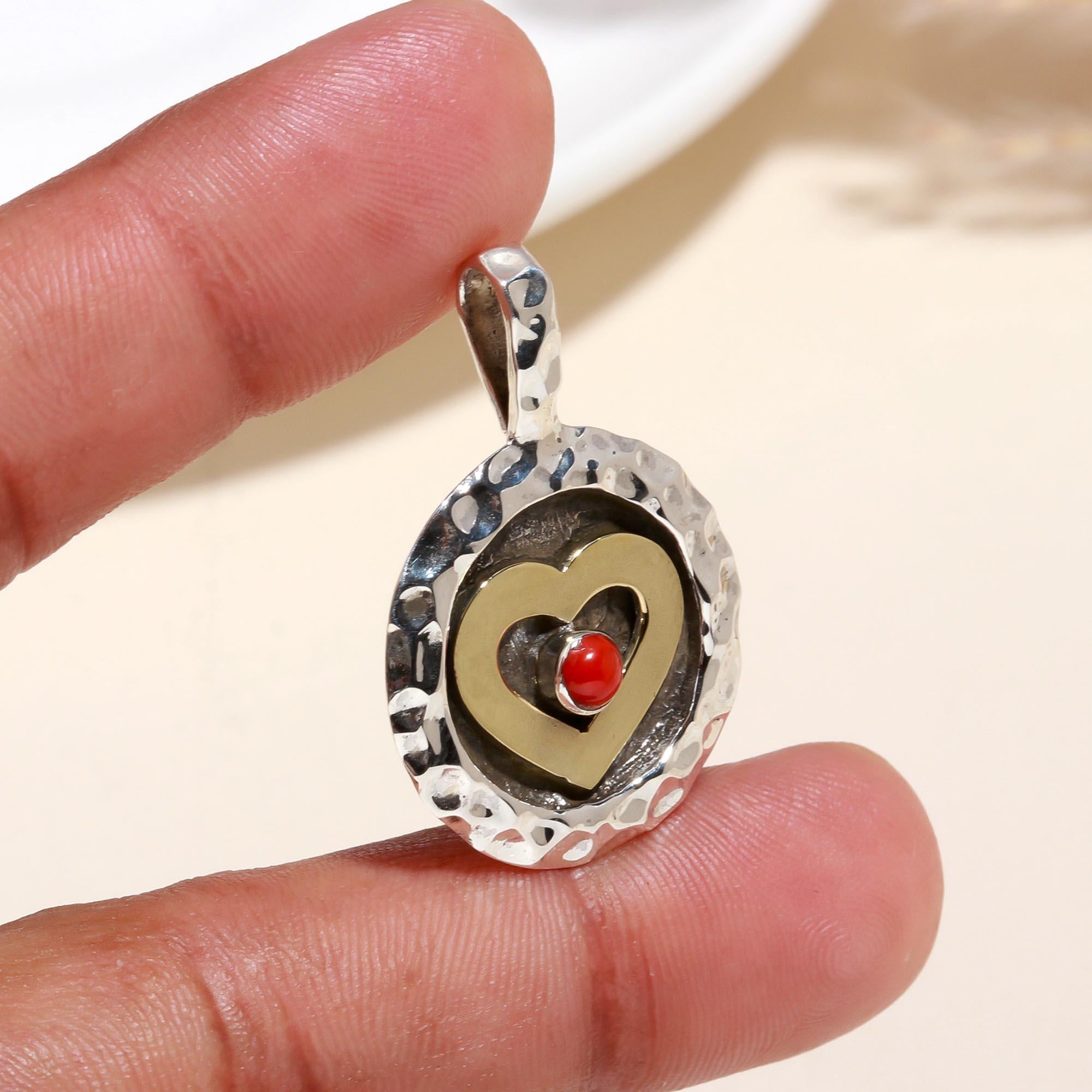 925 Sterling Silver Red Coral Hammered Heart Pendant