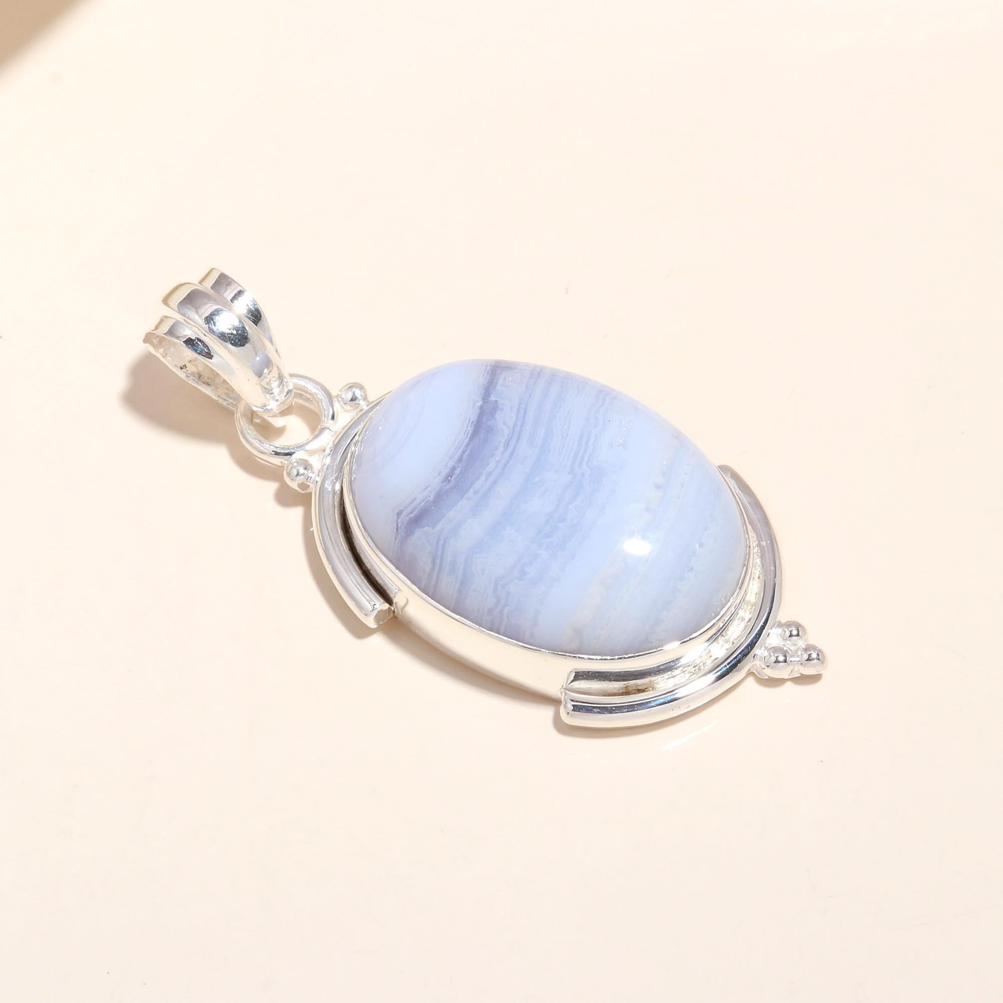 925 Sterling Silver Oval Blue Lace Agate Pendant