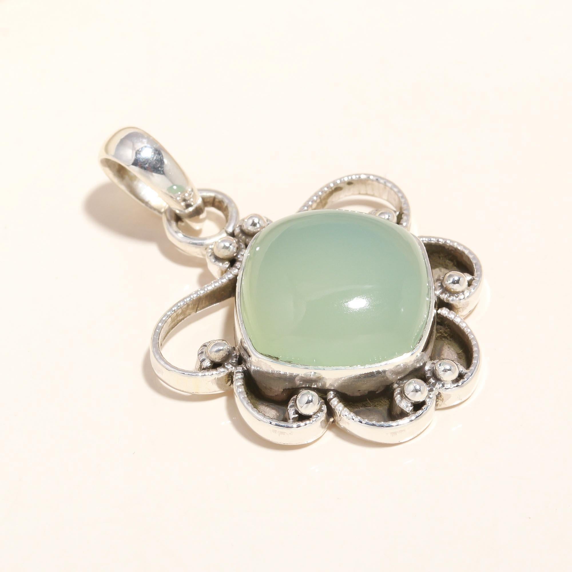 925 Sterling Silver Handmade Green Chalcedony Vintage Filigree Boho Pendant