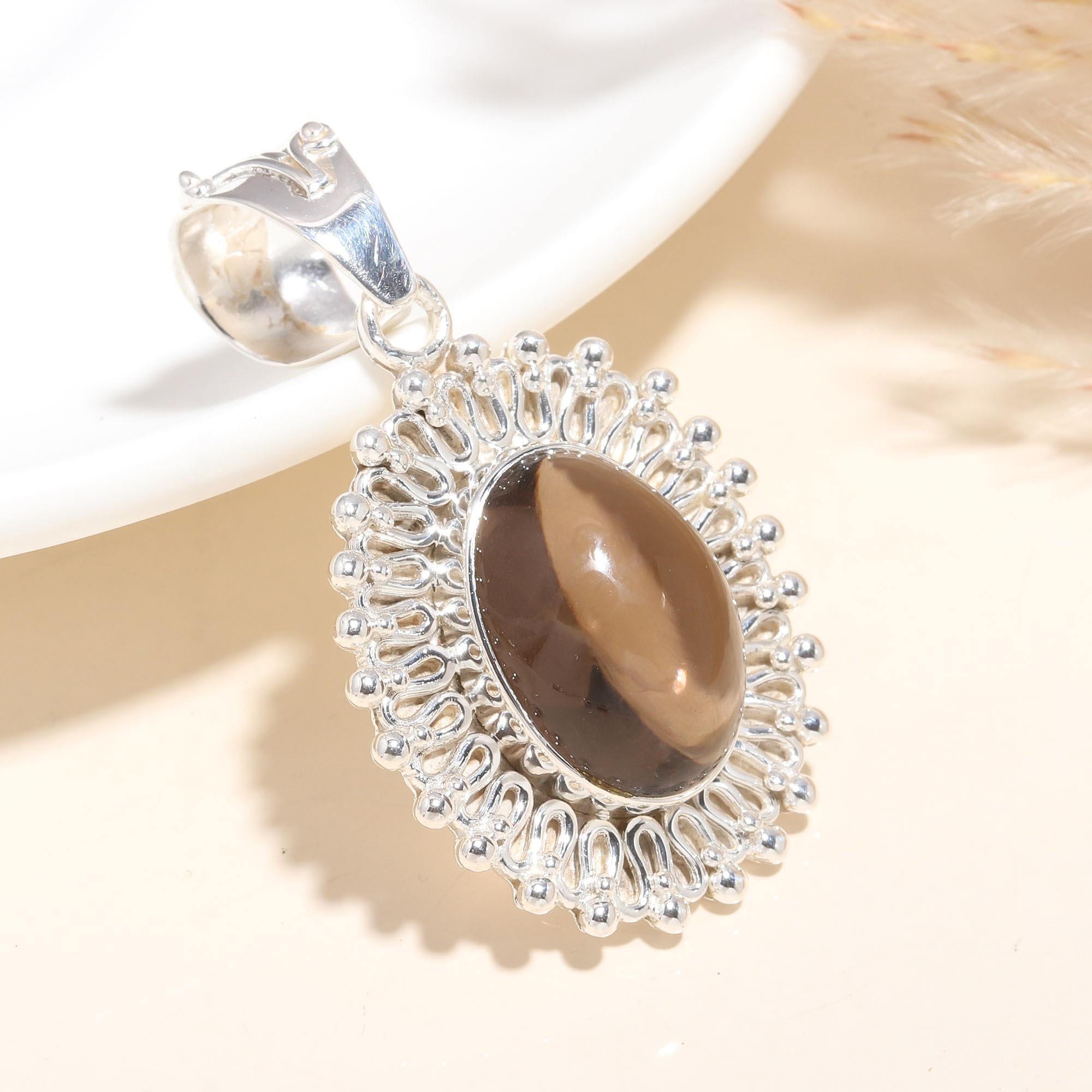 925 Sterling Silver Handmade Vintage Smoky Quartz Statement Pendant