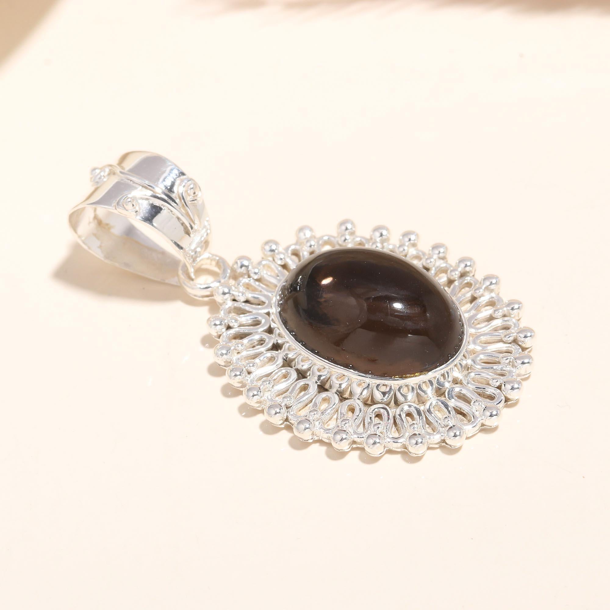 925 Sterling Silver Handmade Vintage Smoky Quartz Statement Pendant
