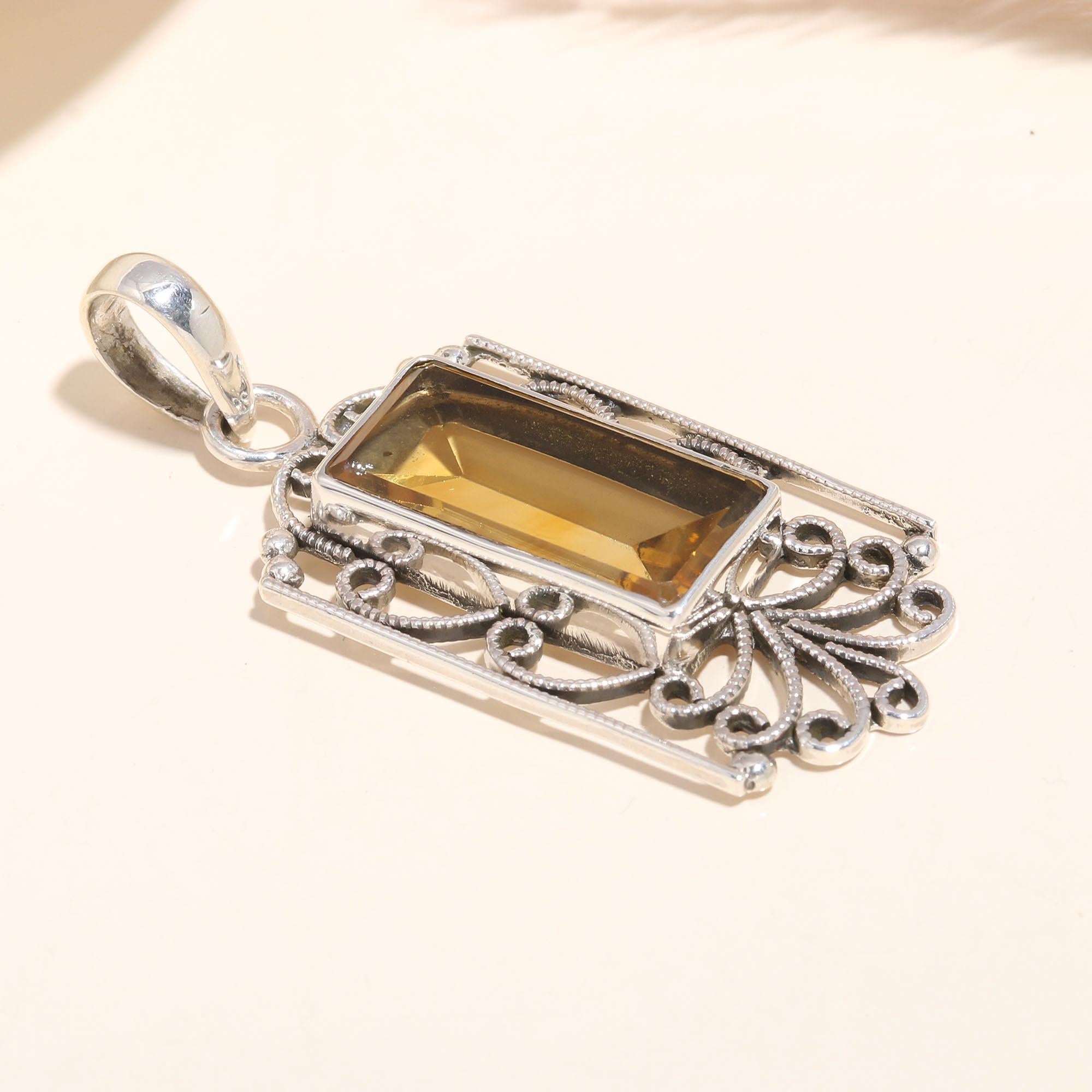 925 Sterling Silver Handmade Vintage Citrine Filigree Pendant
