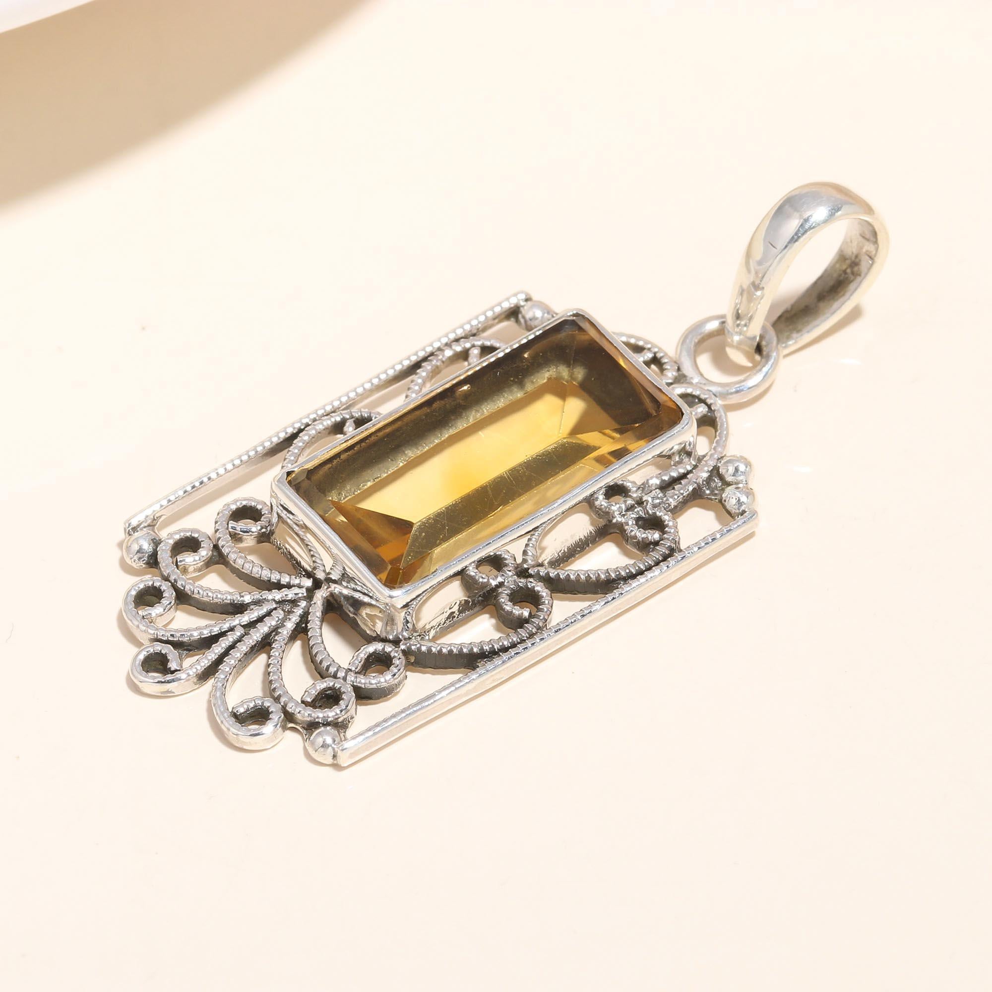 925 Sterling Silver Handmade Vintage Citrine Filigree Pendant