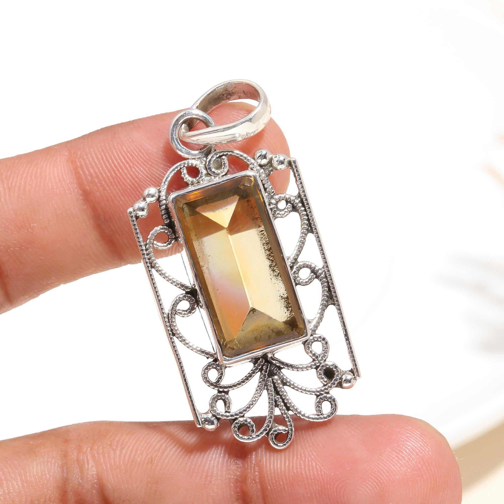 925 Sterling Silver Handmade Vintage Citrine Filigree Pendant