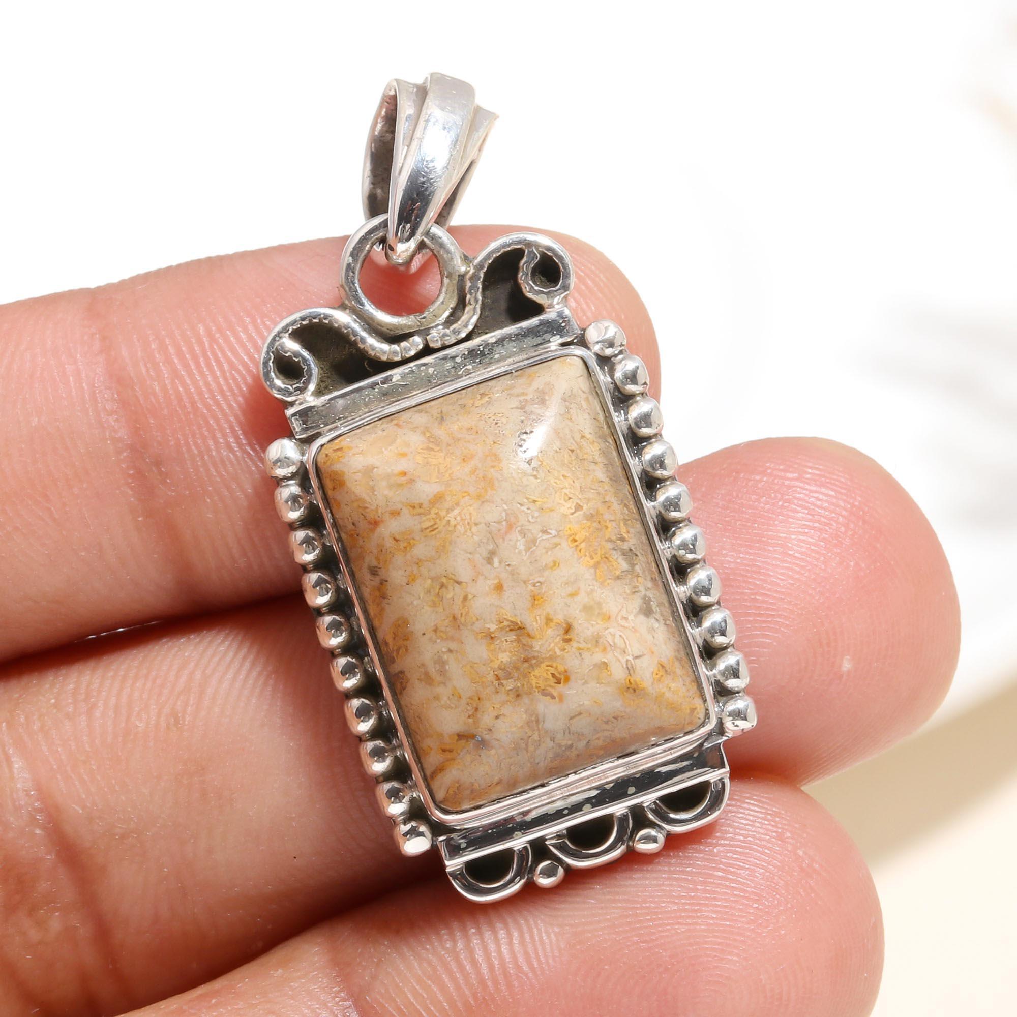 925 Sterling Silver Handmade Rectangle Gemstone Fossil Coral Pendant