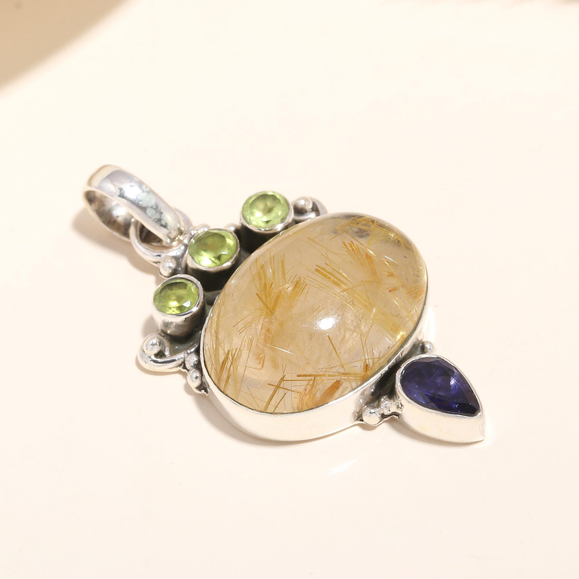925 Sterling Silver Rutilated Quartz with Peridot & Iolite Gemstone Pendant